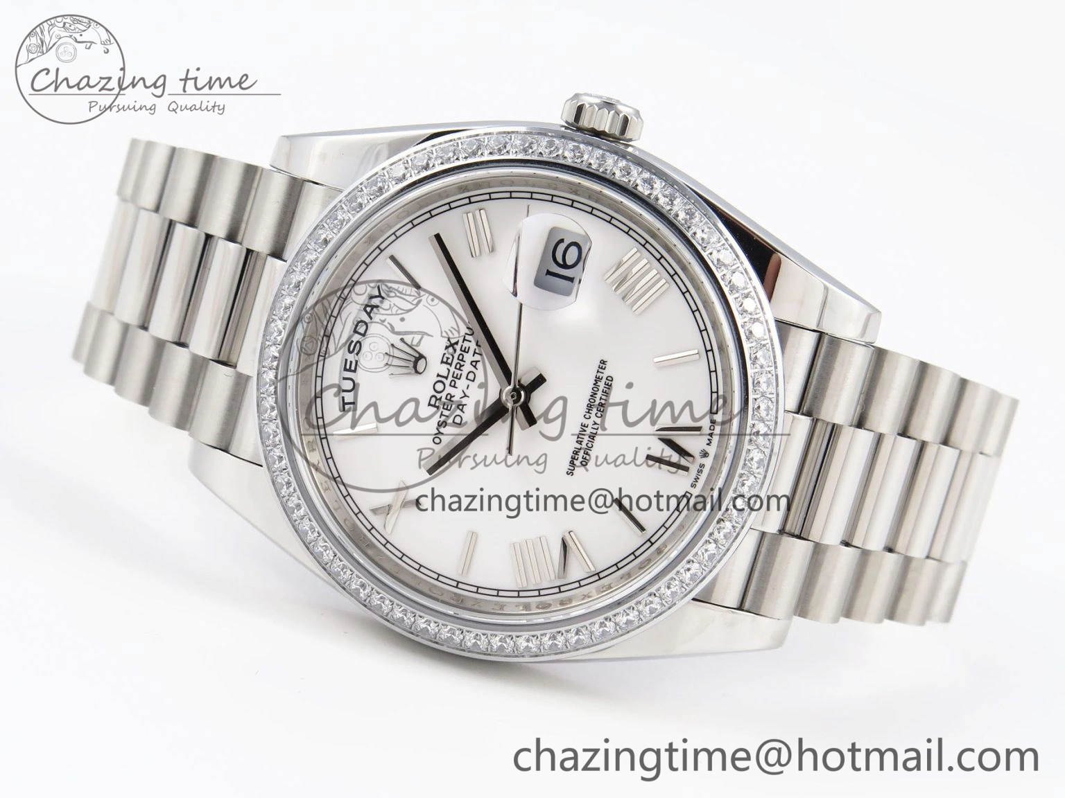 UrbanChic DayDate 40 SS GSF Gain Weight White Roman Dial Diamonds Bezel on President Bracelet A 1920