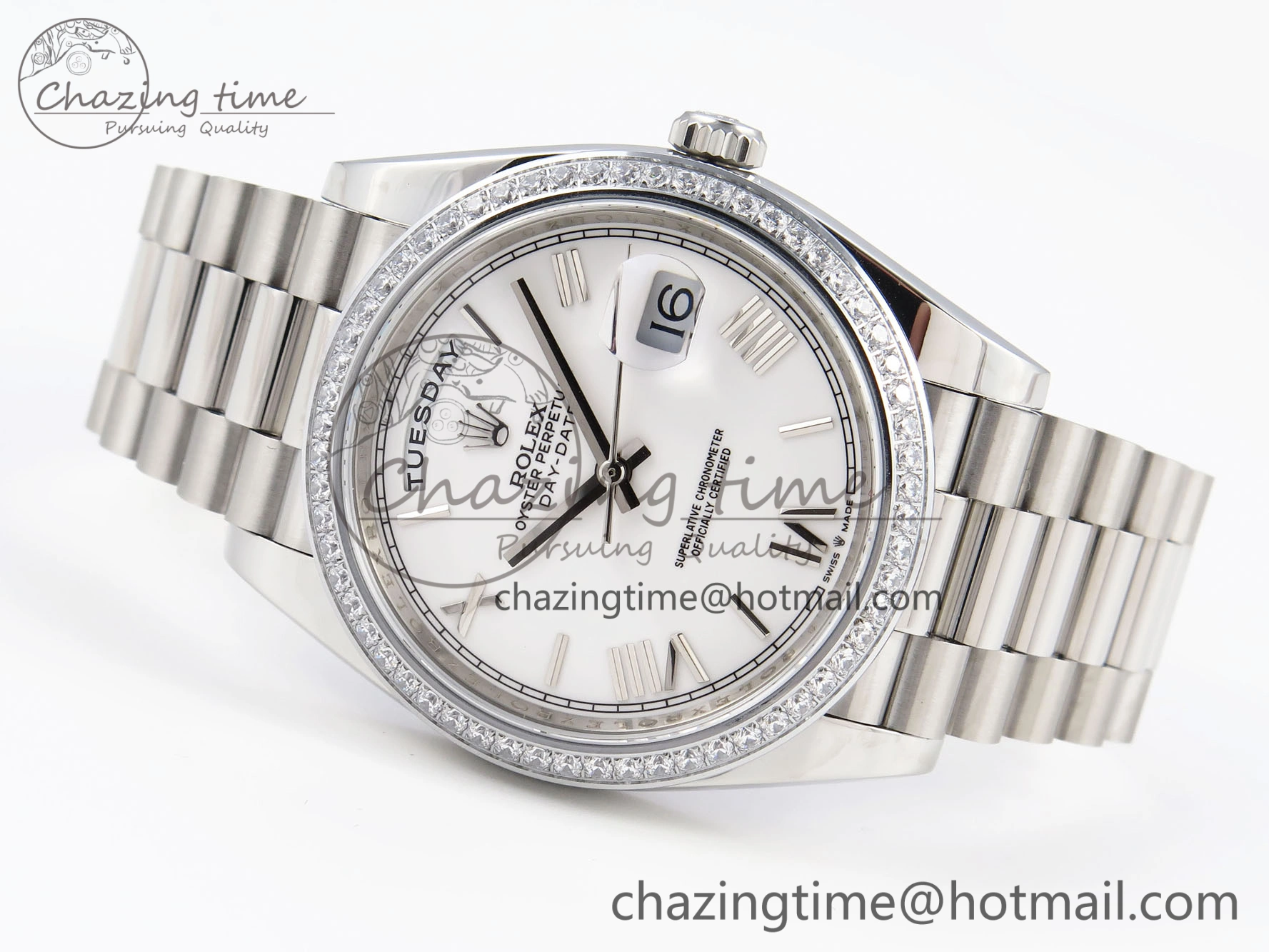 UrbanChic DayDate 40 SS GSF Gain Weight White Roman Dial Diamonds Bezel on President Bracelet A 1920