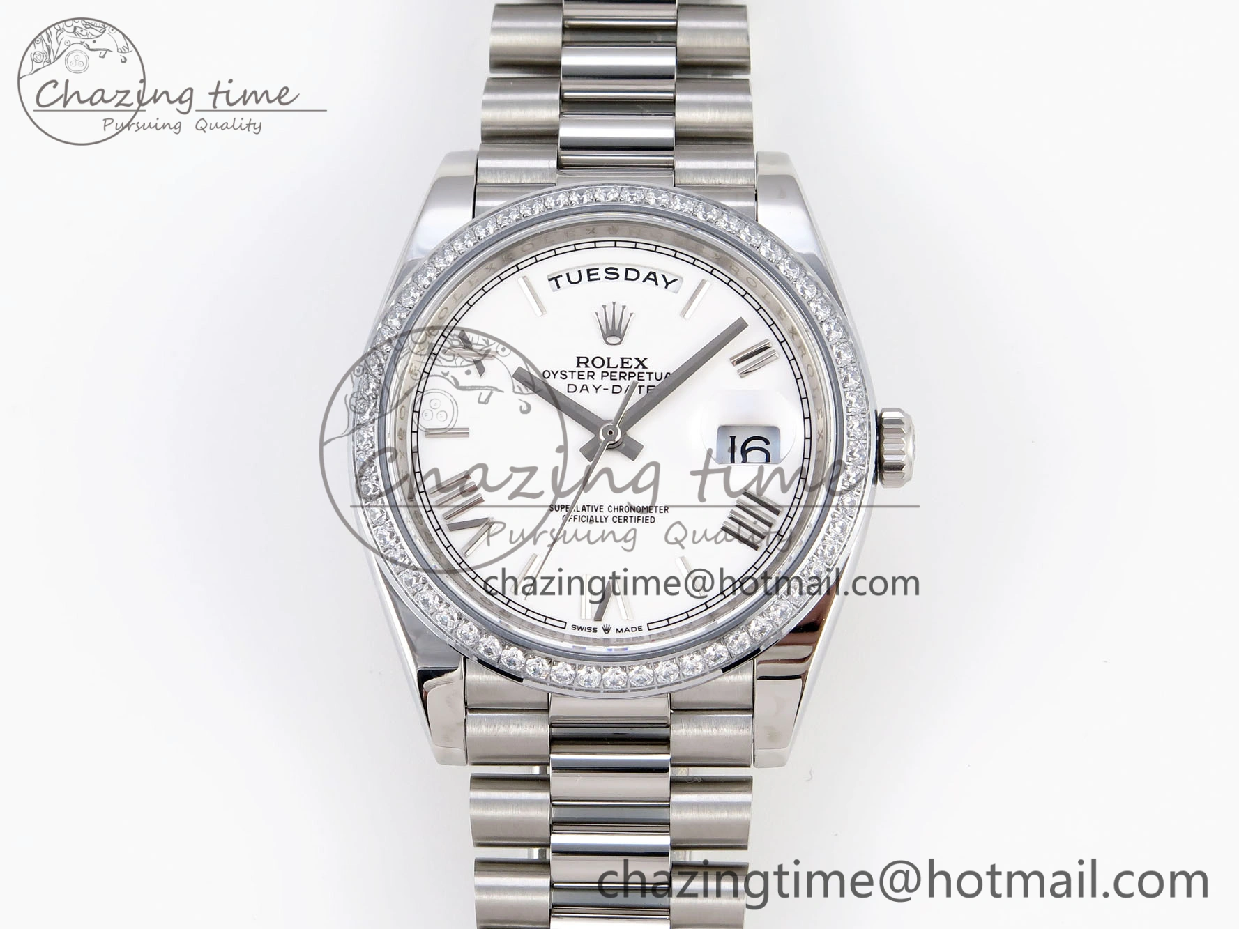 UrbanChic DayDate 40 SS GSF Gain Weight White Roman Dial Diamonds Bezel on President Bracelet A 1920