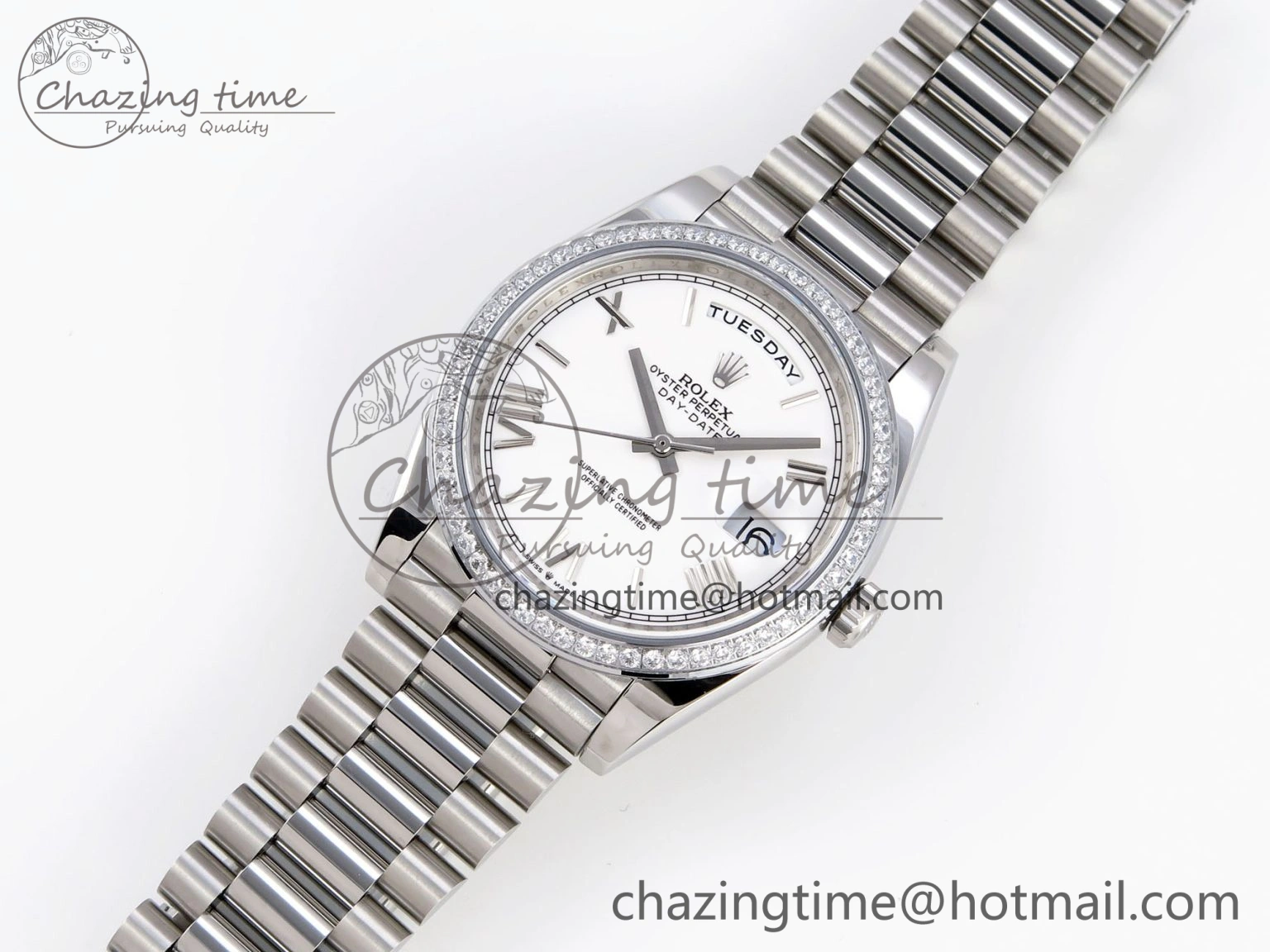UrbanChic DayDate 40 SS GSF Gain Weight White Roman Dial Diamonds Bezel on President Bracelet A 1920