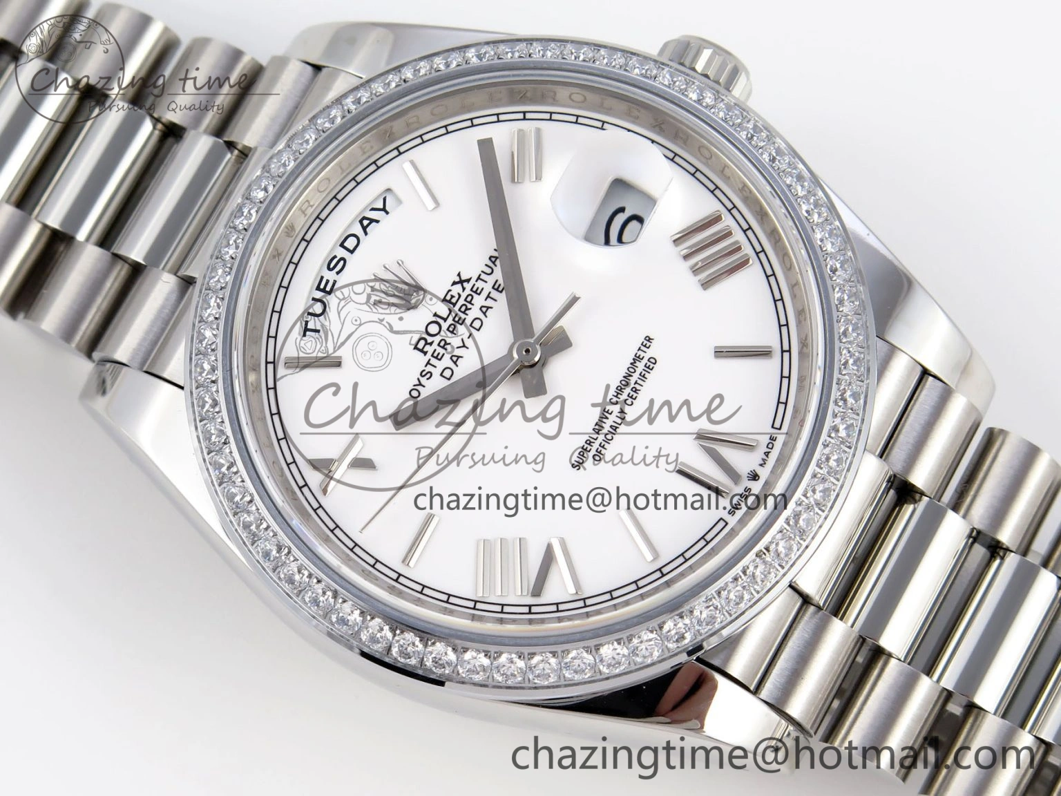 UrbanChic DayDate 40 SS GSF Gain Weight White Roman Dial Diamonds Bezel on President Bracelet A 1920