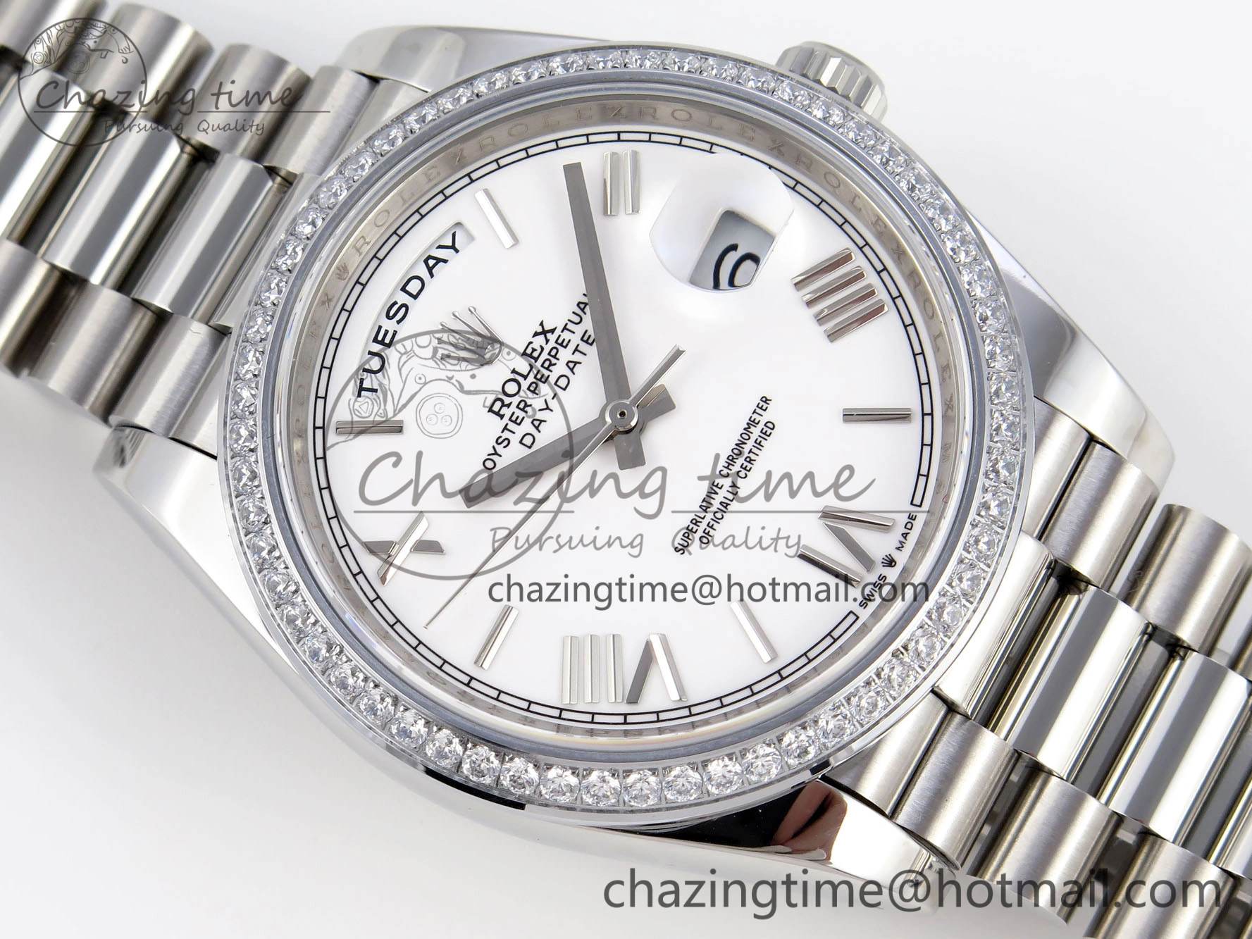 UrbanChic DayDate 40 SS GSF Gain Weight White Roman Dial Diamonds Bezel on President Bracelet A 1920