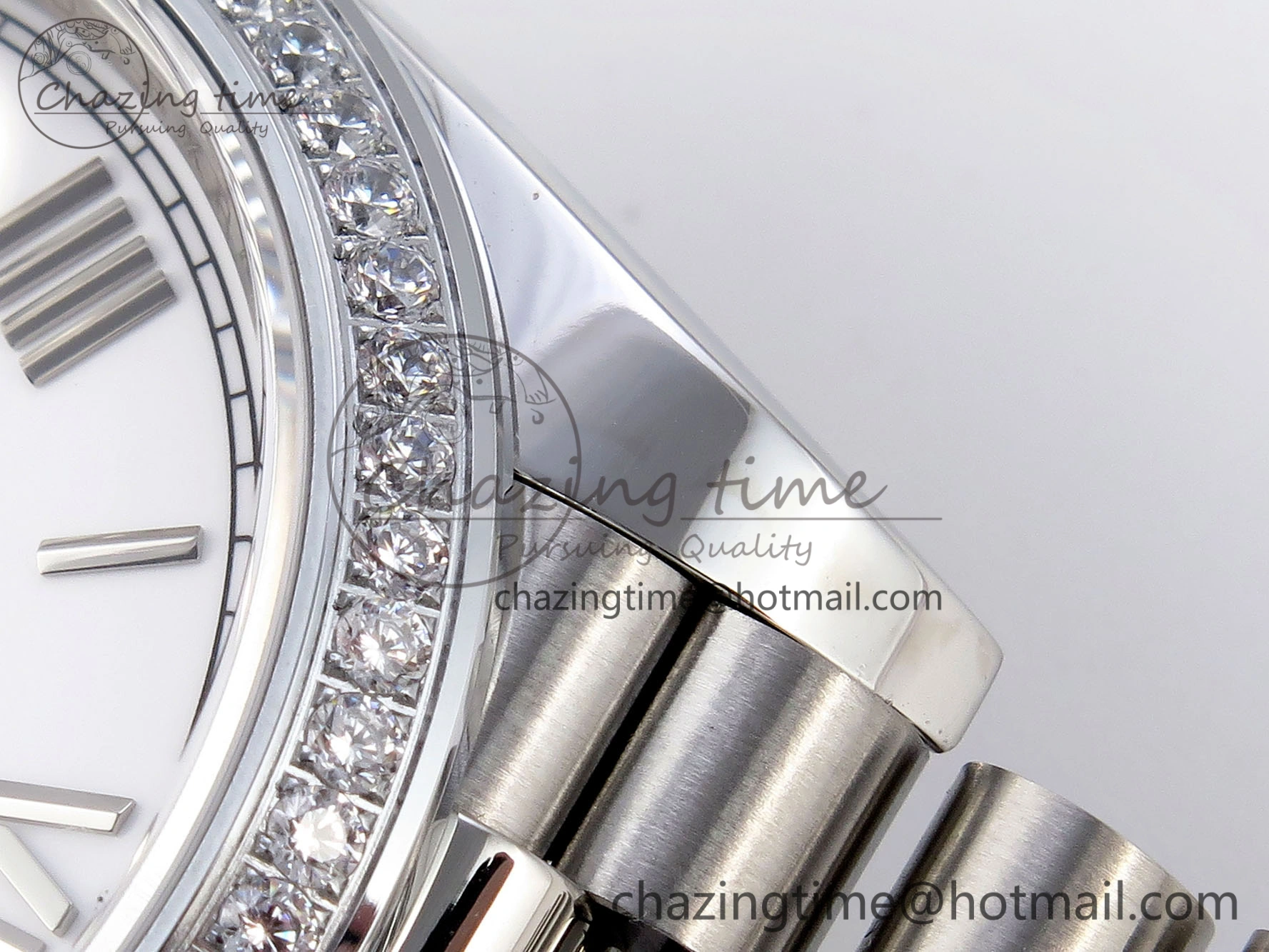 UrbanChic DayDate 40 SS GSF Gain Weight White Roman Dial Diamonds Bezel on President Bracelet A 1920