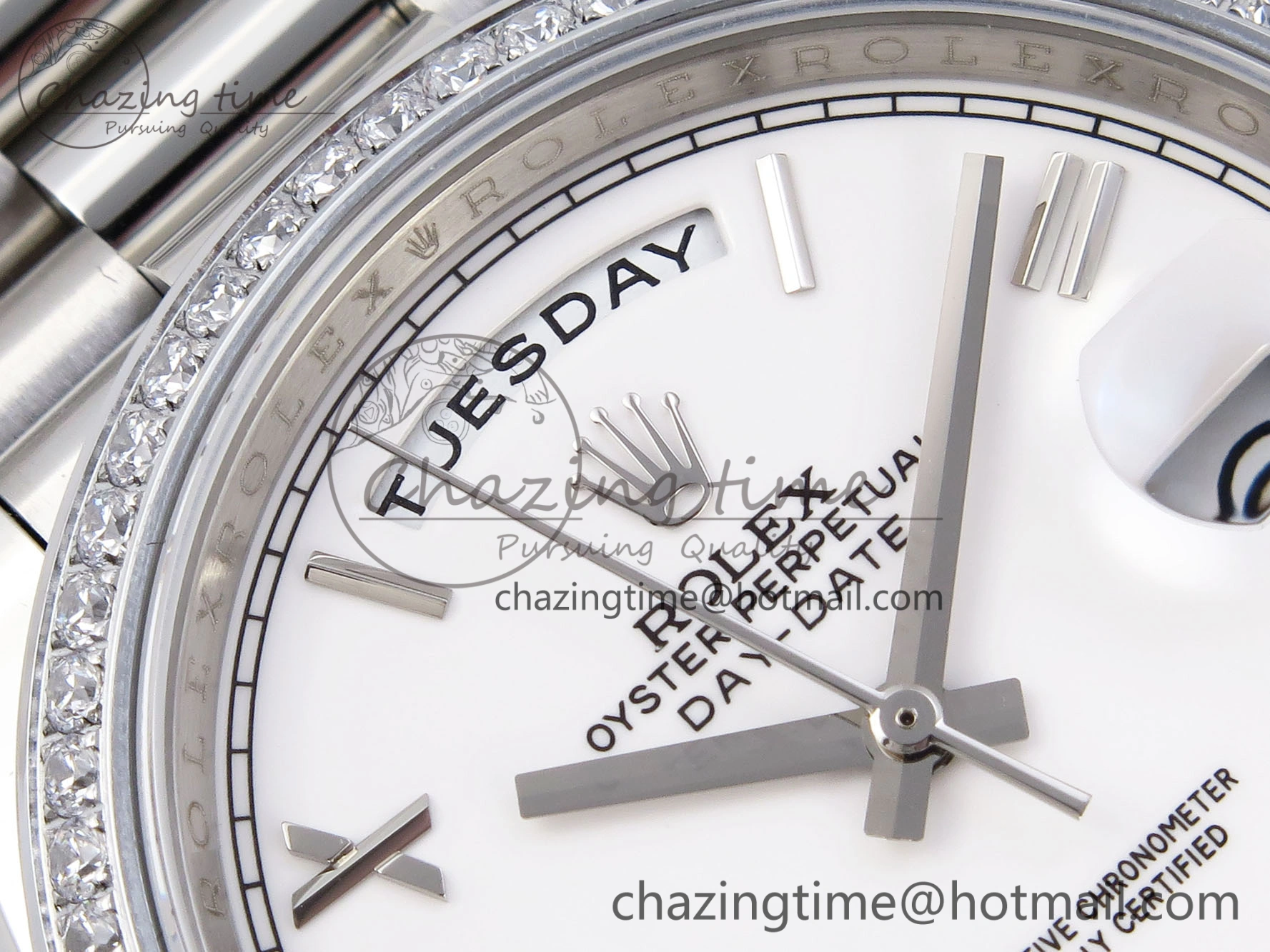 UrbanChic DayDate 40 SS GSF Gain Weight White Roman Dial Diamonds Bezel on President Bracelet A 1920