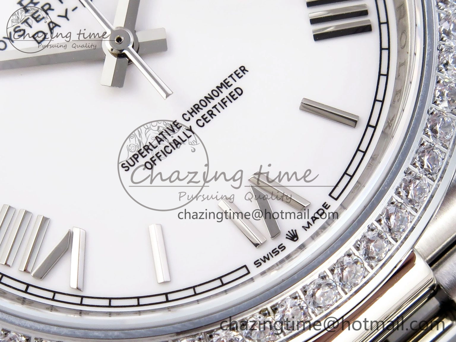 UrbanChic DayDate 40 SS GSF Gain Weight White Roman Dial Diamonds Bezel on President Bracelet A 1920