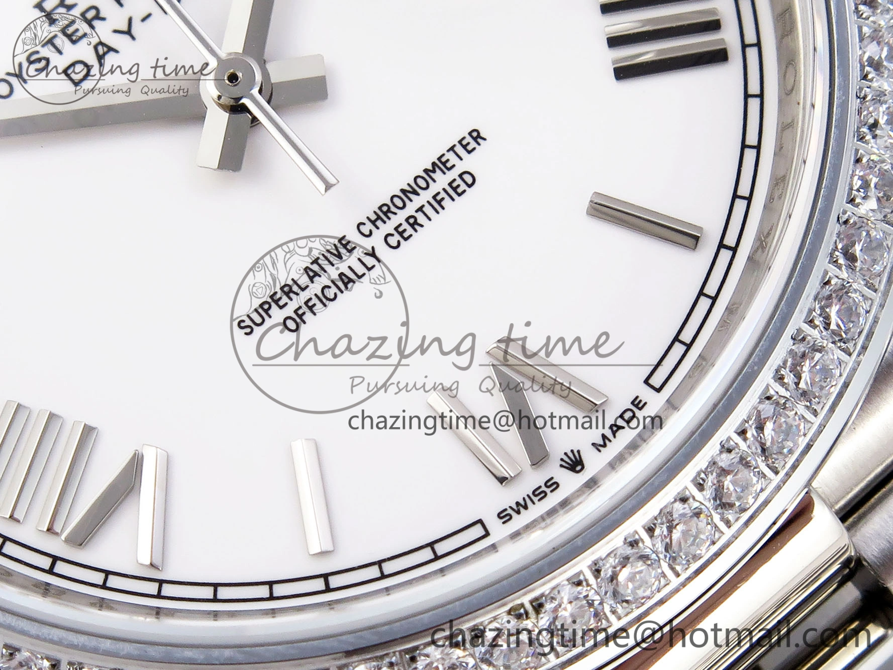 UrbanChic DayDate 40 SS GSF Gain Weight White Roman Dial Diamonds Bezel on President Bracelet A 1920