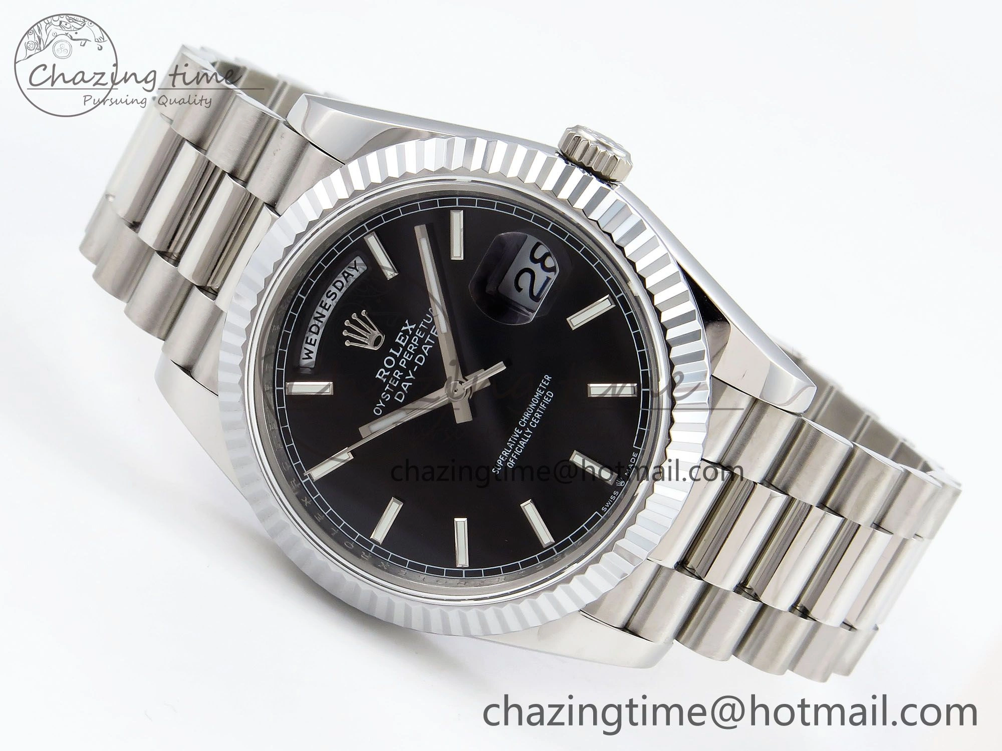 DayDate 40 SS JDF 904L Steel Black Stick Dial on President Bracelet VR3255 V3 (Gain Weight) Breathable 1433