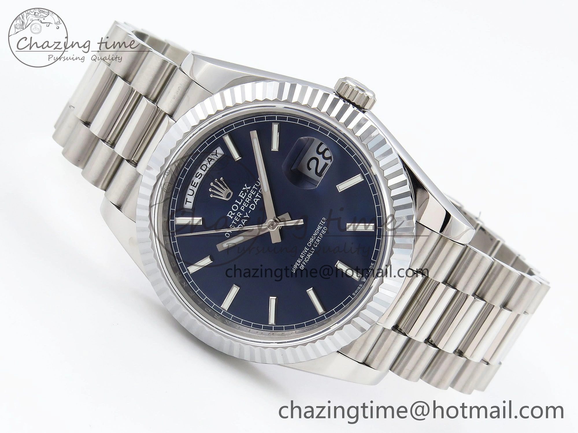 Refined DayDate 40 SS JDF 904L Steel Blue Stick Dial on President Bracelet VR3255 V3 (Gain Weight) 1442