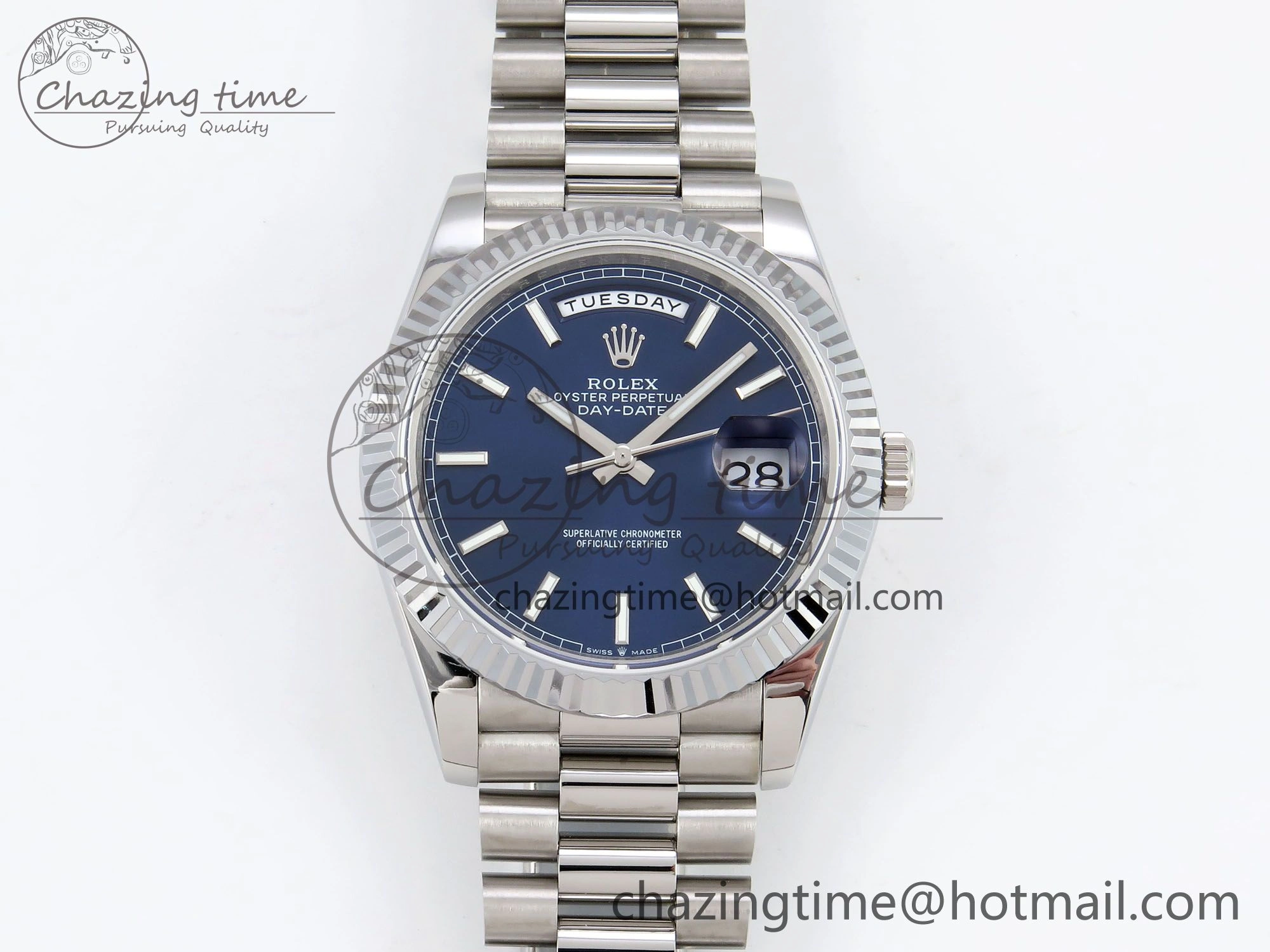 Refined DayDate 40 SS JDF 904L Steel Blue Stick Dial on President Bracelet VR3255 V3 (Gain Weight) 1442
