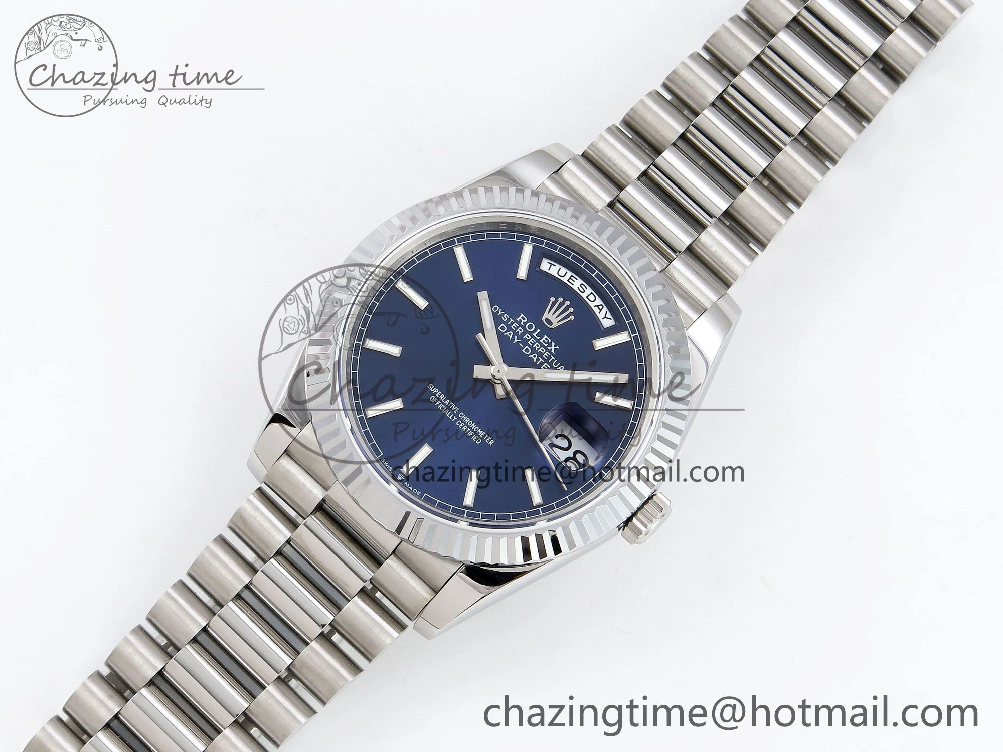 Refined DayDate 40 SS JDF 904L Steel Blue Stick Dial on President Bracelet VR3255 V3 (Gain Weight) 1442