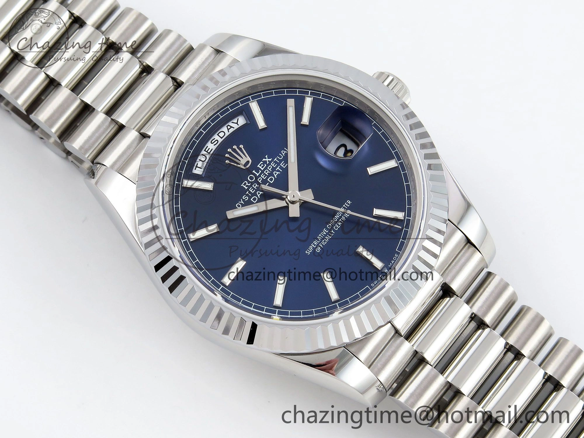 Refined DayDate 40 SS JDF 904L Steel Blue Stick Dial on President Bracelet VR3255 V3 (Gain Weight) 1442