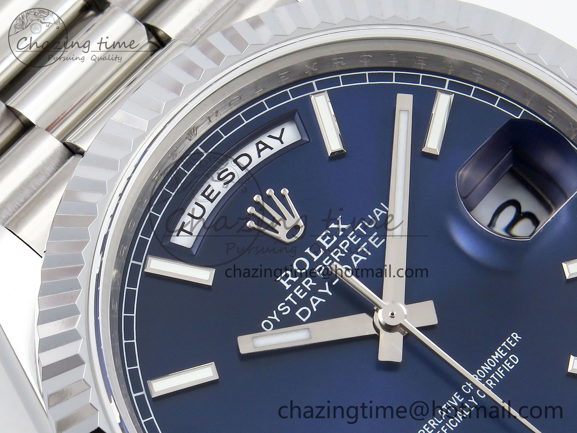 Refined DayDate 40 SS JDF 904L Steel Blue Stick Dial on President Bracelet VR3255 V3 (Gain Weight) 1442