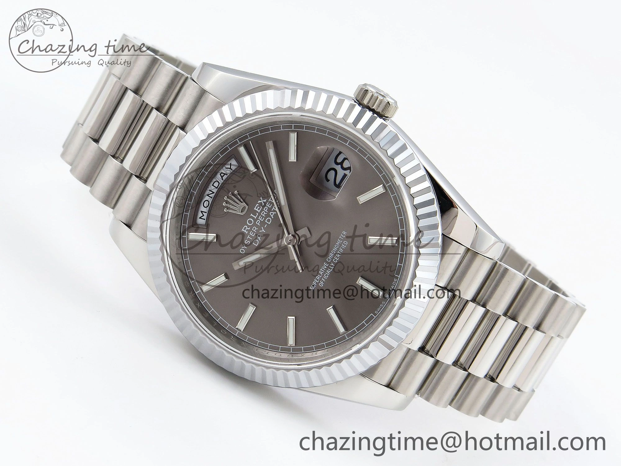 Affordable DayDate 40 SS JDF 904L Steel Gray Stick Dial on President Bracelet VR3255 V3 (Gain Weight) 1446