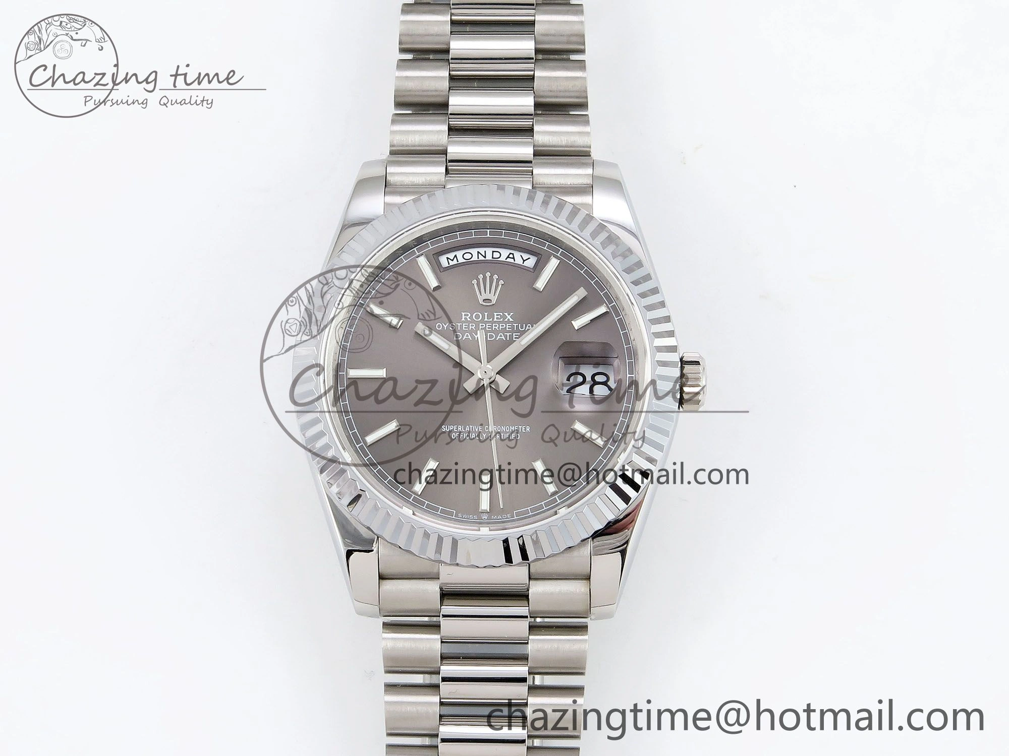 Affordable DayDate 40 SS JDF 904L Steel Gray Stick Dial on President Bracelet VR3255 V3 (Gain Weight) 1446