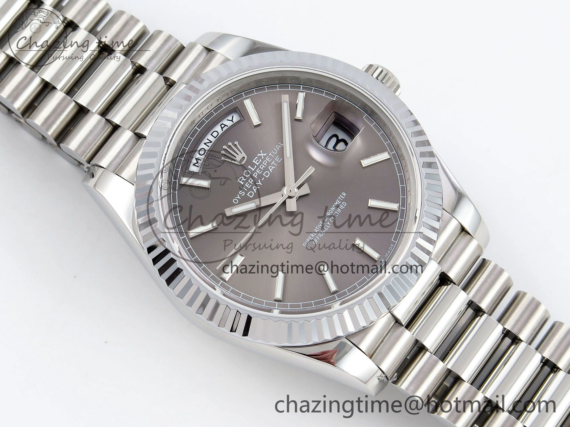 Affordable DayDate 40 SS JDF 904L Steel Gray Stick Dial on President Bracelet VR3255 V3 (Gain Weight) 1446