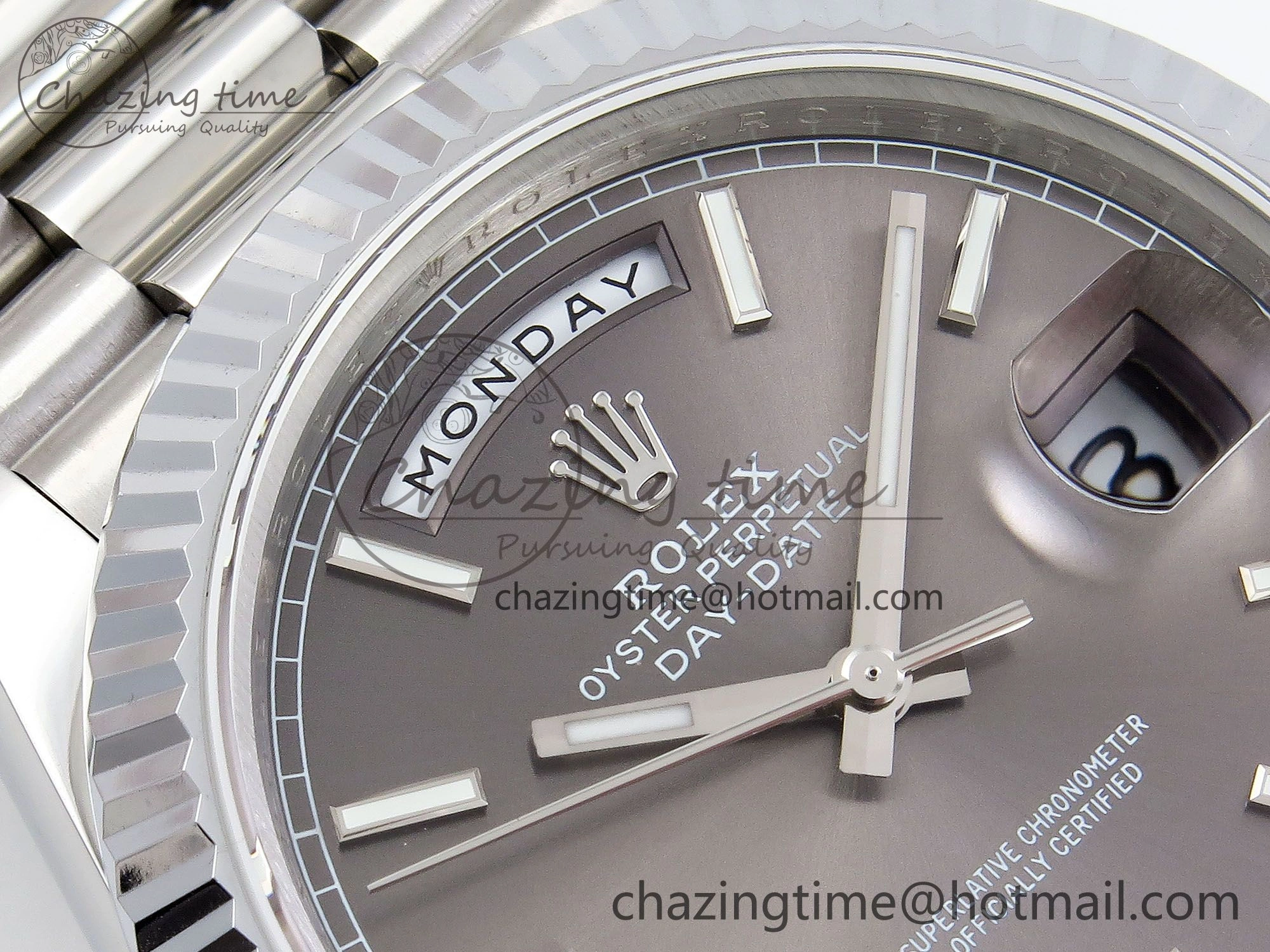 Affordable DayDate 40 SS JDF 904L Steel Gray Stick Dial on President Bracelet VR3255 V3 (Gain Weight) 1446