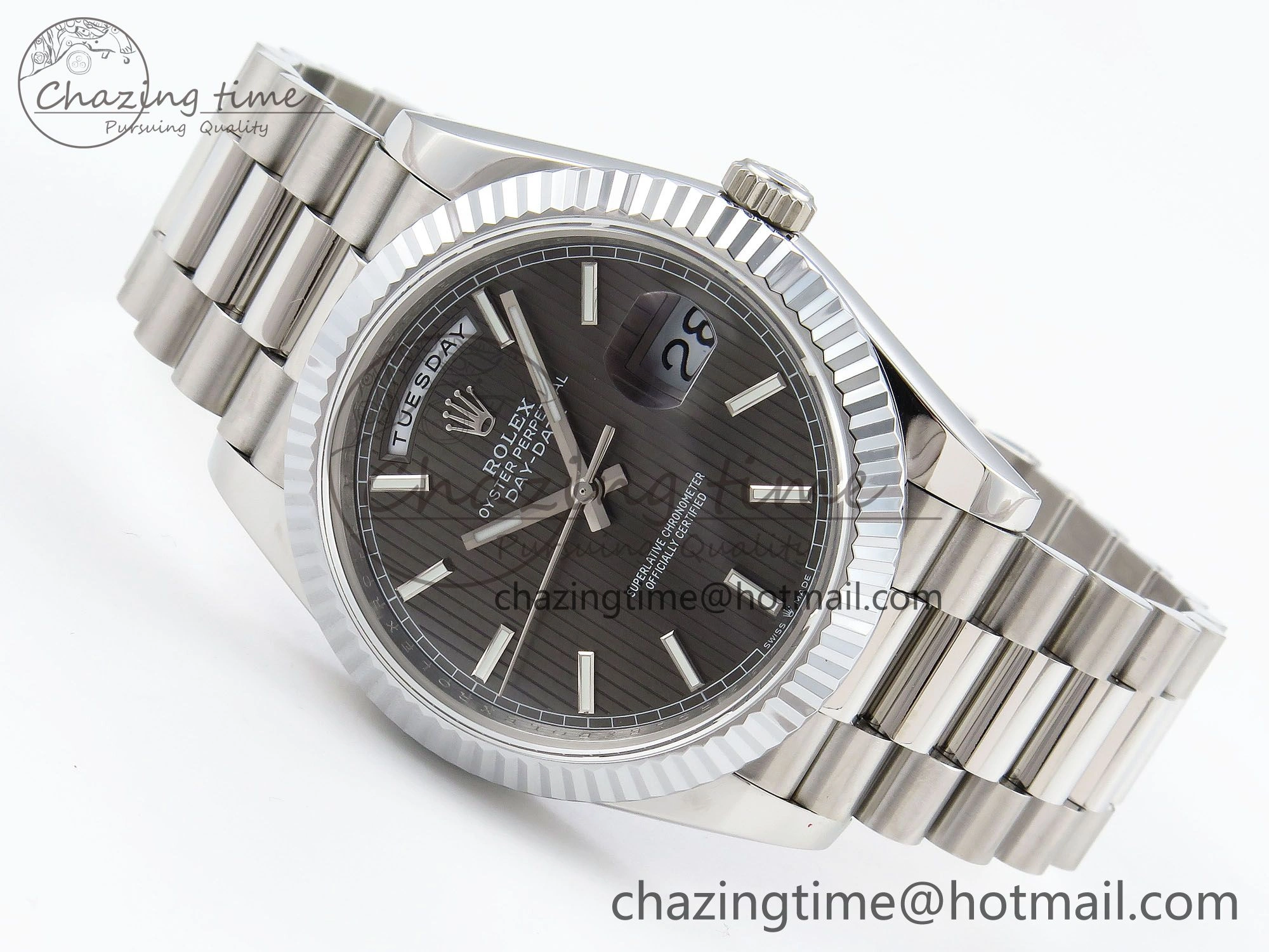 DayDate 40 SS JDF 904L Steel Gray Textured Stick Dial on President Bracelet VR3255 V3 (Gain Weight) Supportive 1437
