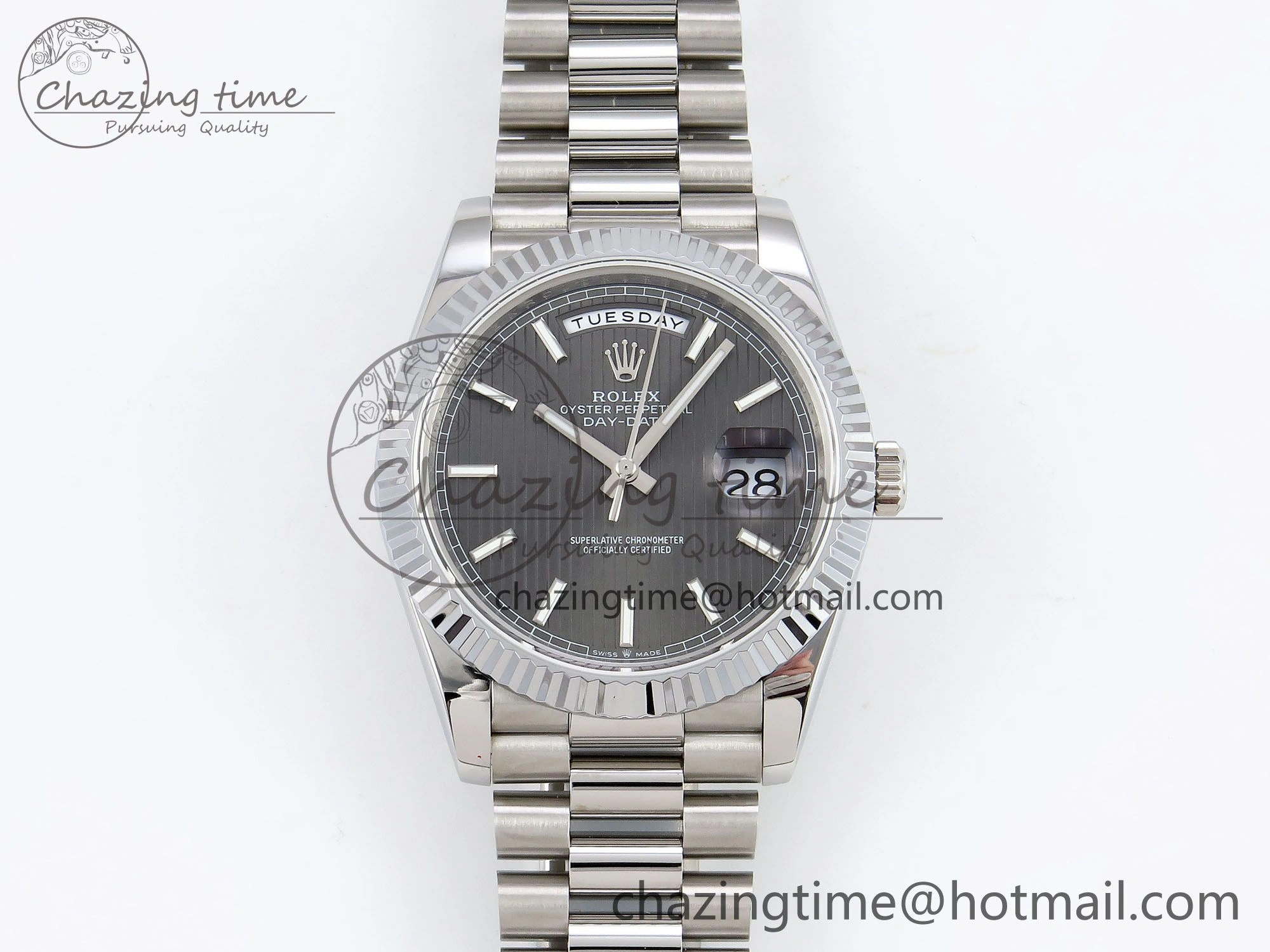 DayDate 40 SS JDF 904L Steel Gray Textured Stick Dial on President Bracelet VR3255 V3 (Gain Weight) Supportive 1437