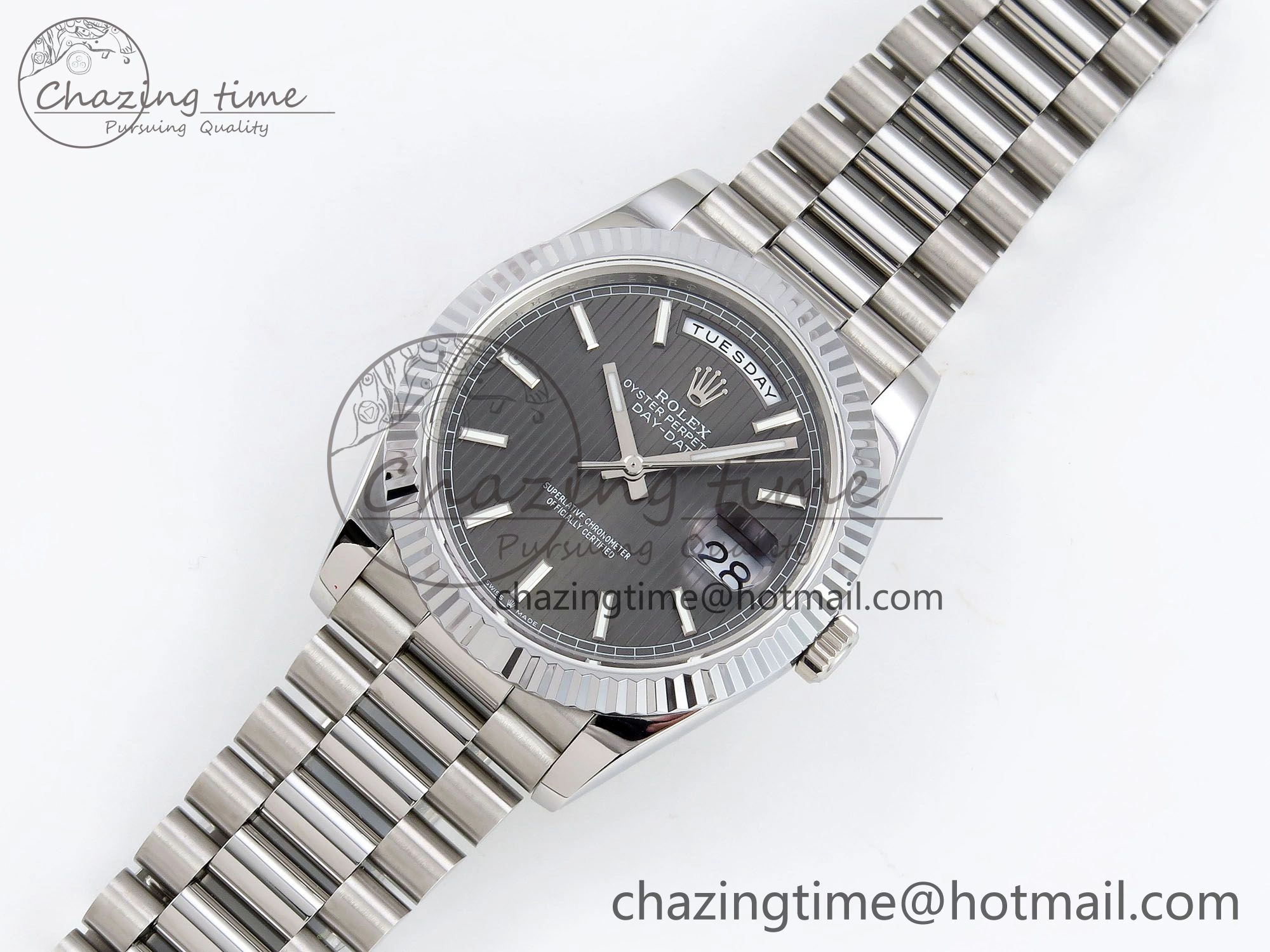 DayDate 40 SS JDF 904L Steel Gray Textured Stick Dial on President Bracelet VR3255 V3 (Gain Weight) Supportive 1437