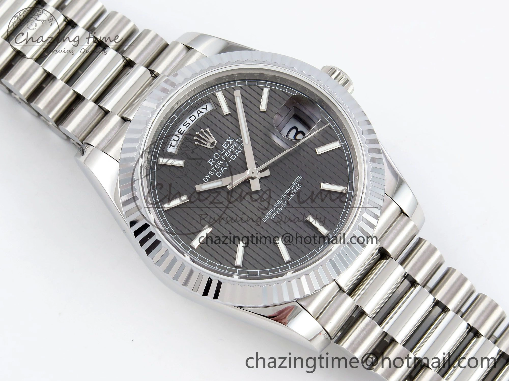 DayDate 40 SS JDF 904L Steel Gray Textured Stick Dial on President Bracelet VR3255 V3 (Gain Weight) Supportive 1437