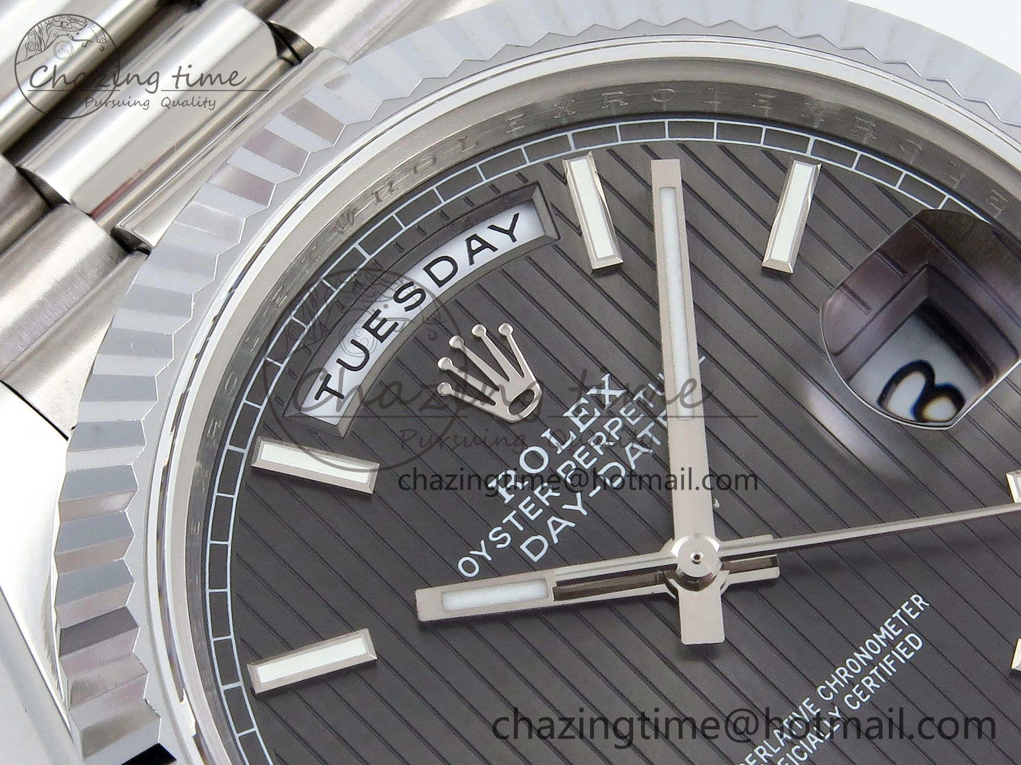DayDate 40 SS JDF 904L Steel Gray Textured Stick Dial on President Bracelet VR3255 V3 (Gain Weight) Supportive 1437