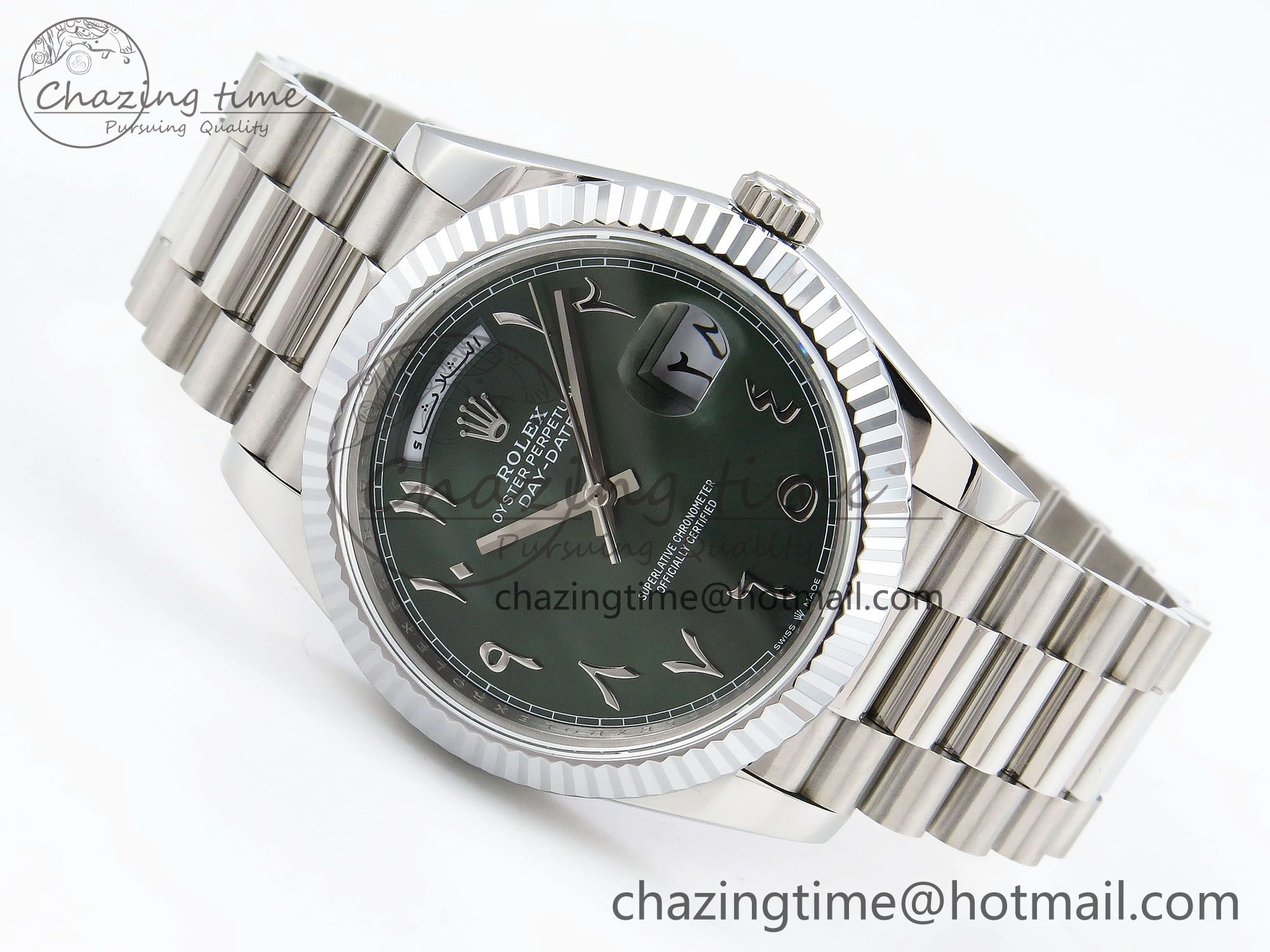 Compact DayDate 40 SS JDF 904L Steel Green Arabic Dial on President Bracelet VR3255 V3 (Gain Weight) 1441
