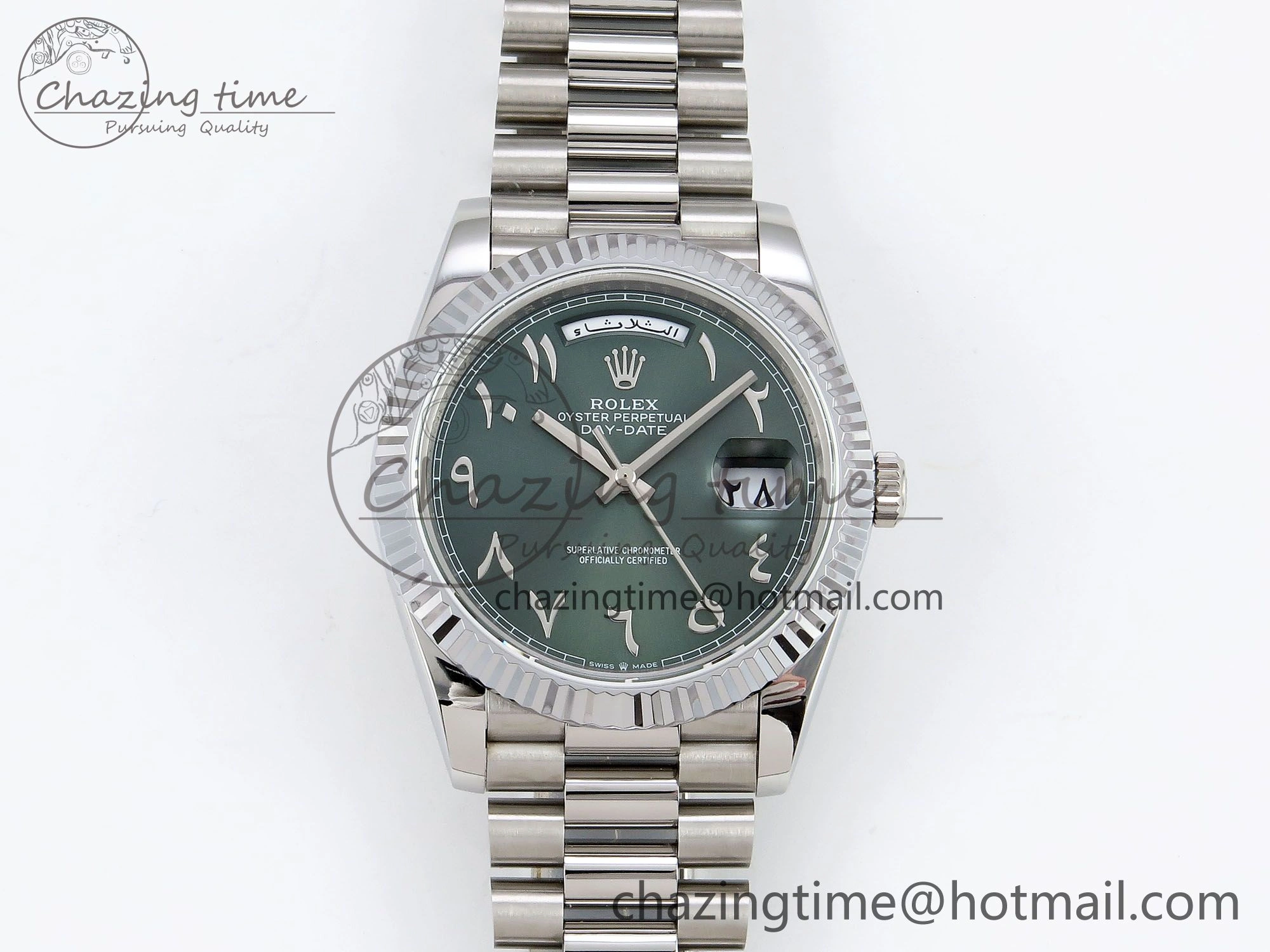 Compact DayDate 40 SS JDF 904L Steel Green Arabic Dial on President Bracelet VR3255 V3 (Gain Weight) 1441