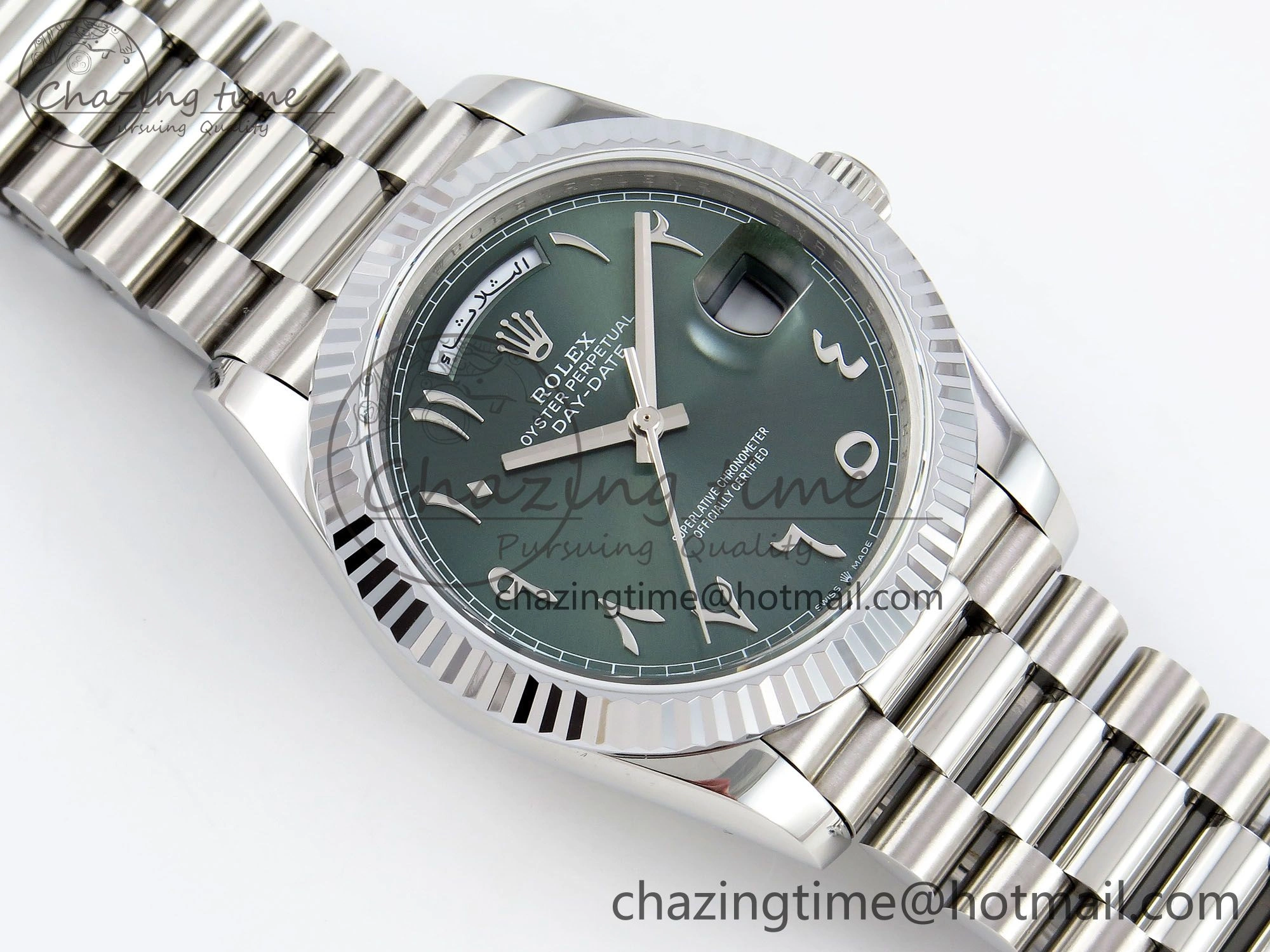 Compact DayDate 40 SS JDF 904L Steel Green Arabic Dial on President Bracelet VR3255 V3 (Gain Weight) 1441