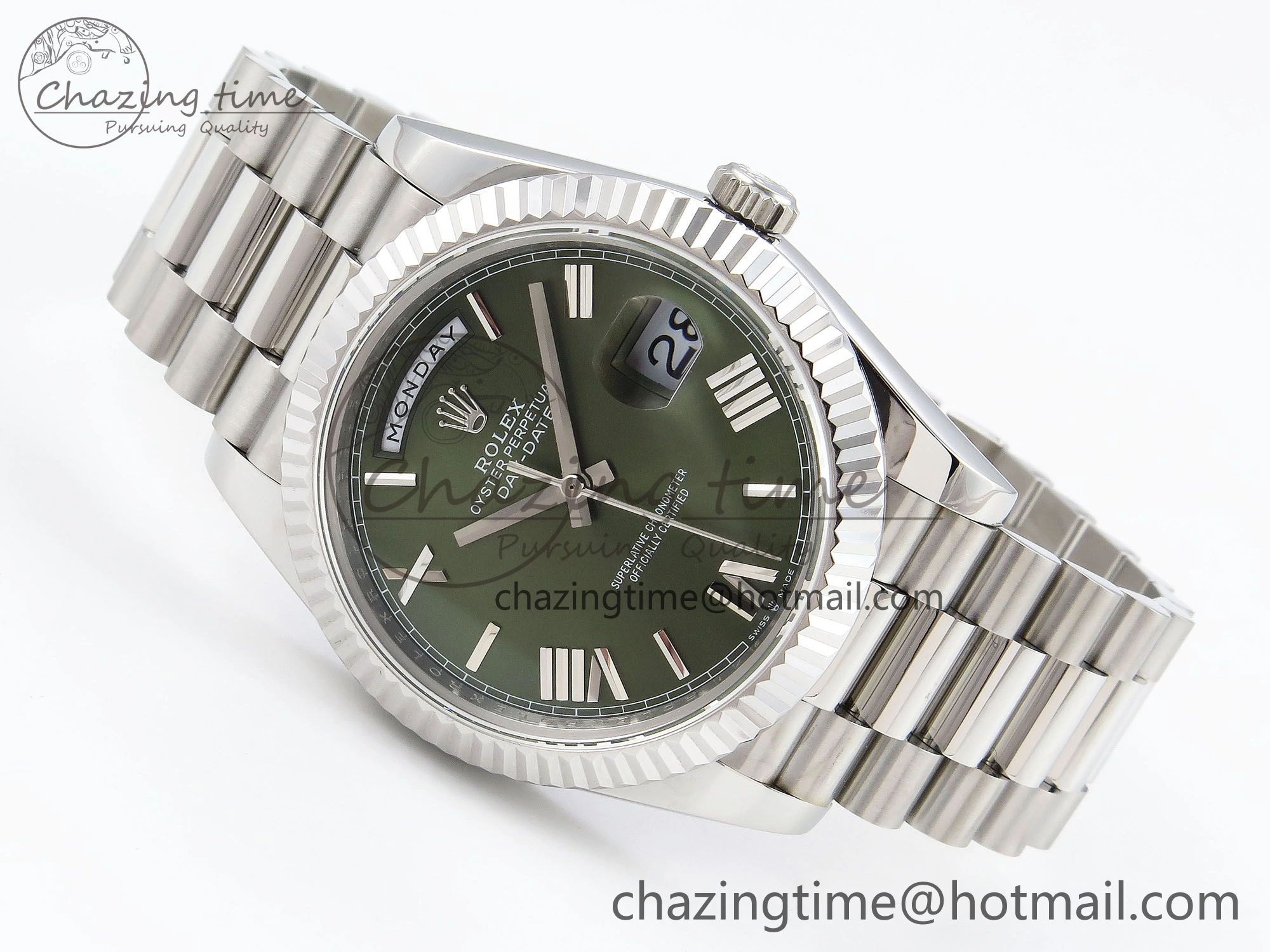 ComfortFit DayDate 40 SS JDF 904L Steel Green Roman Dial on President Bracelet VR3255 V3 (Gain Weight) 1440