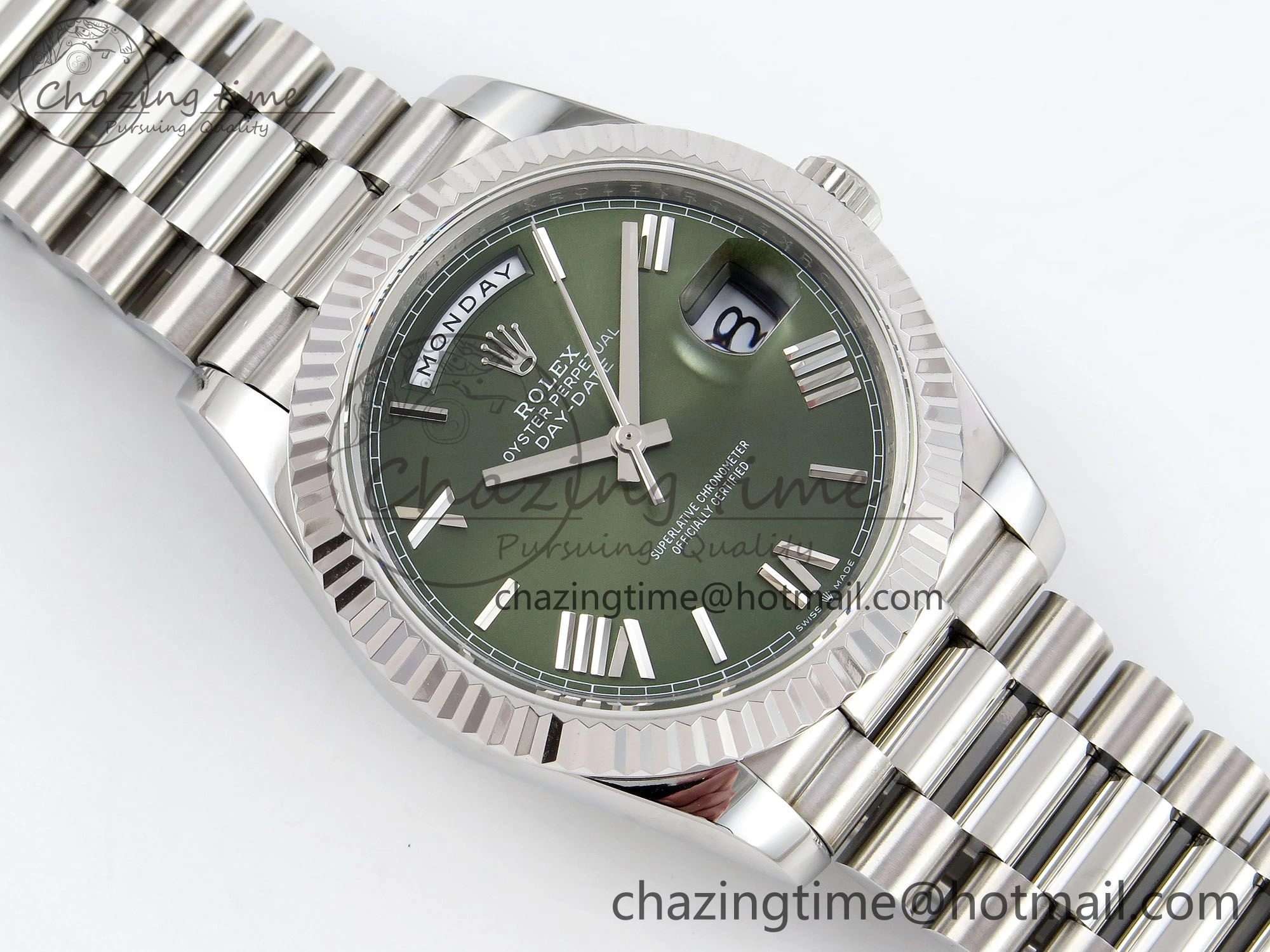 ComfortFit DayDate 40 SS JDF 904L Steel Green Roman Dial on President Bracelet VR3255 V3 (Gain Weight) 1440