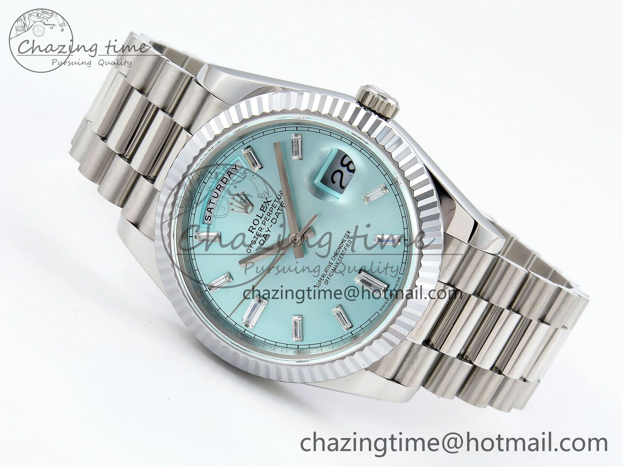 Resilient DayDate 40 SS JDF 904L Steel Ice Blue Crystal Dial on President Bracelet VR3255 V3 (Gain Weight) 1445