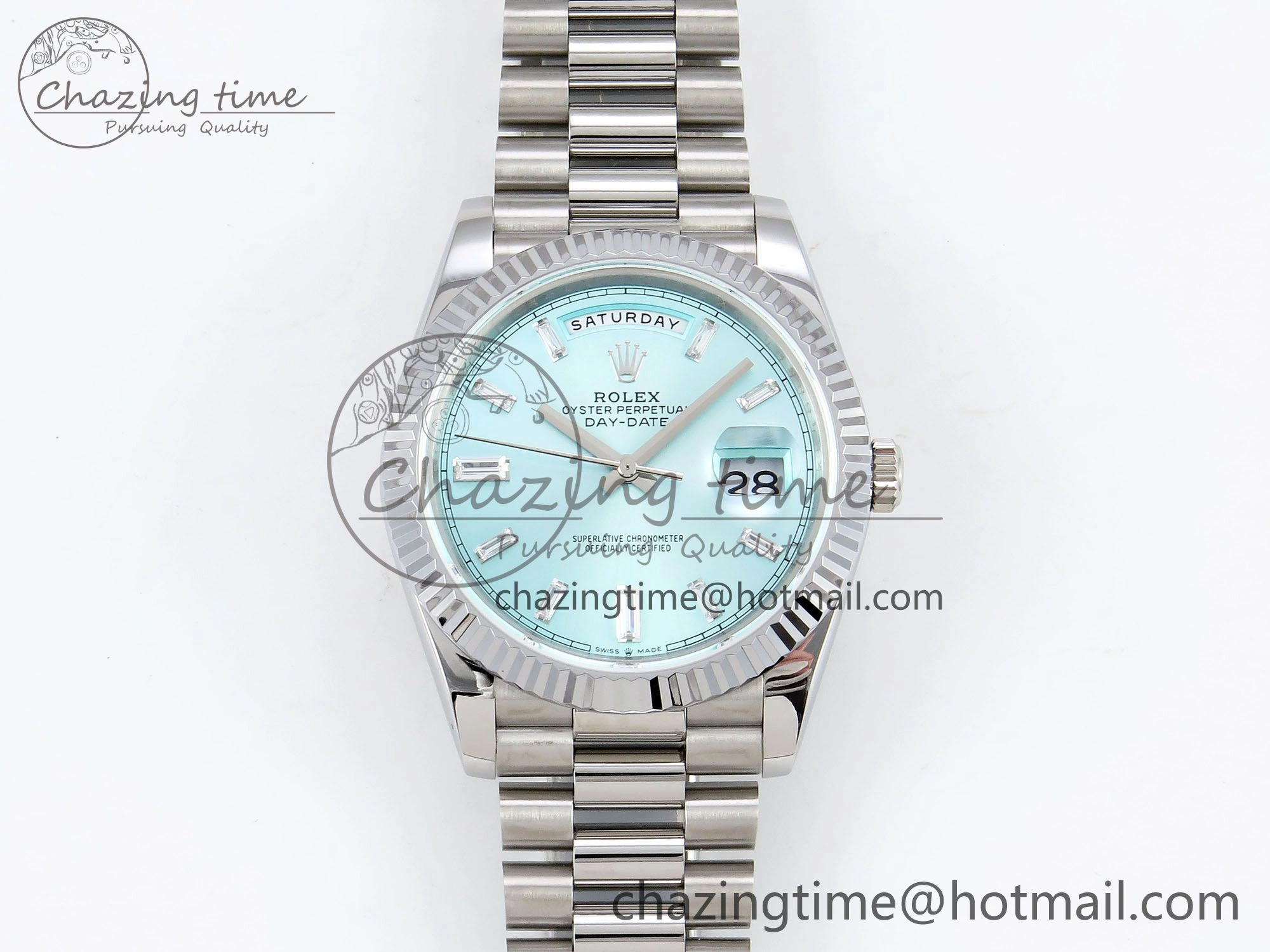 Resilient DayDate 40 SS JDF 904L Steel Ice Blue Crystal Dial on President Bracelet VR3255 V3 (Gain Weight) 1445