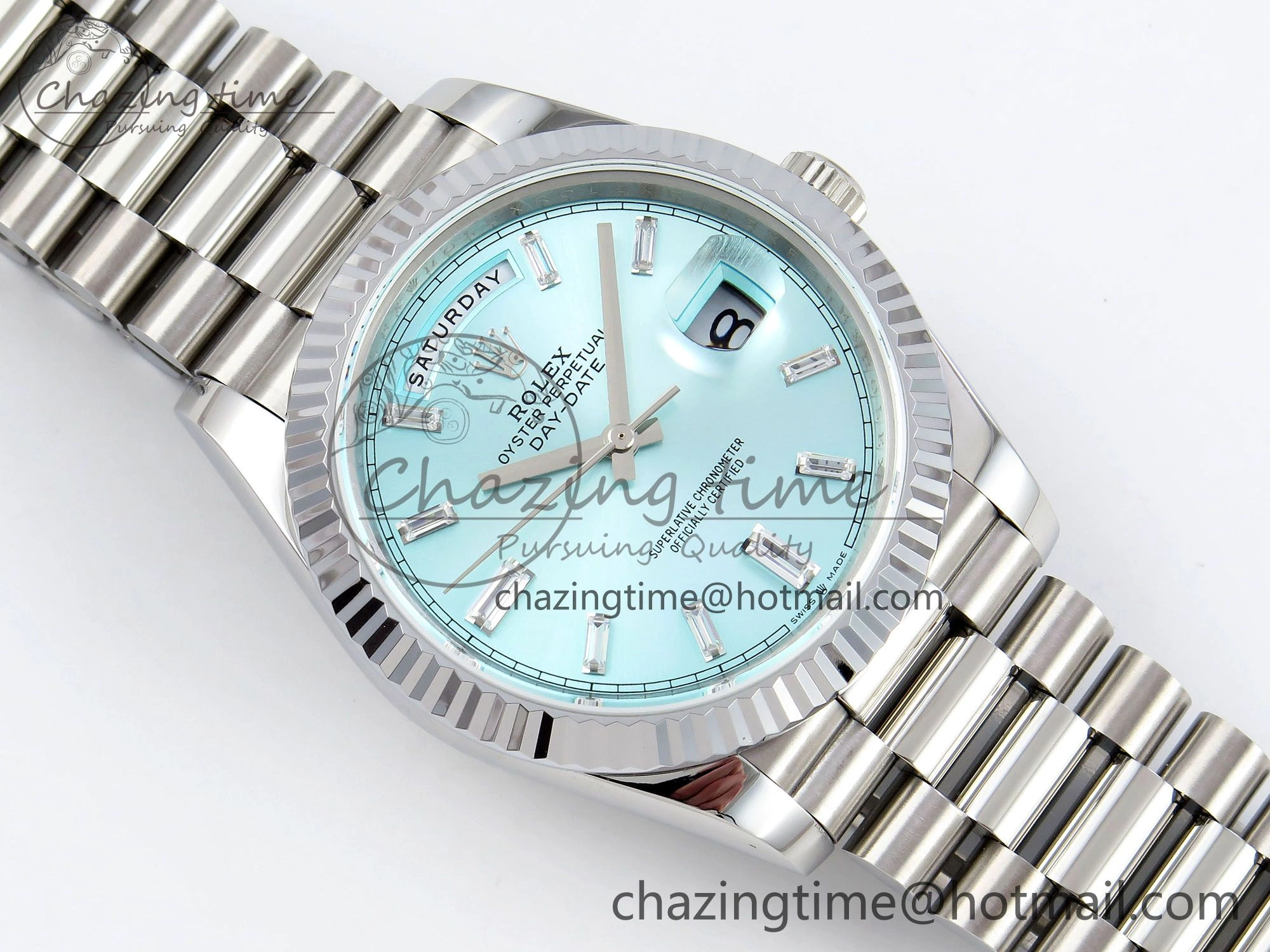 Resilient DayDate 40 SS JDF 904L Steel Ice Blue Crystal Dial on President Bracelet VR3255 V3 (Gain Weight) 1445