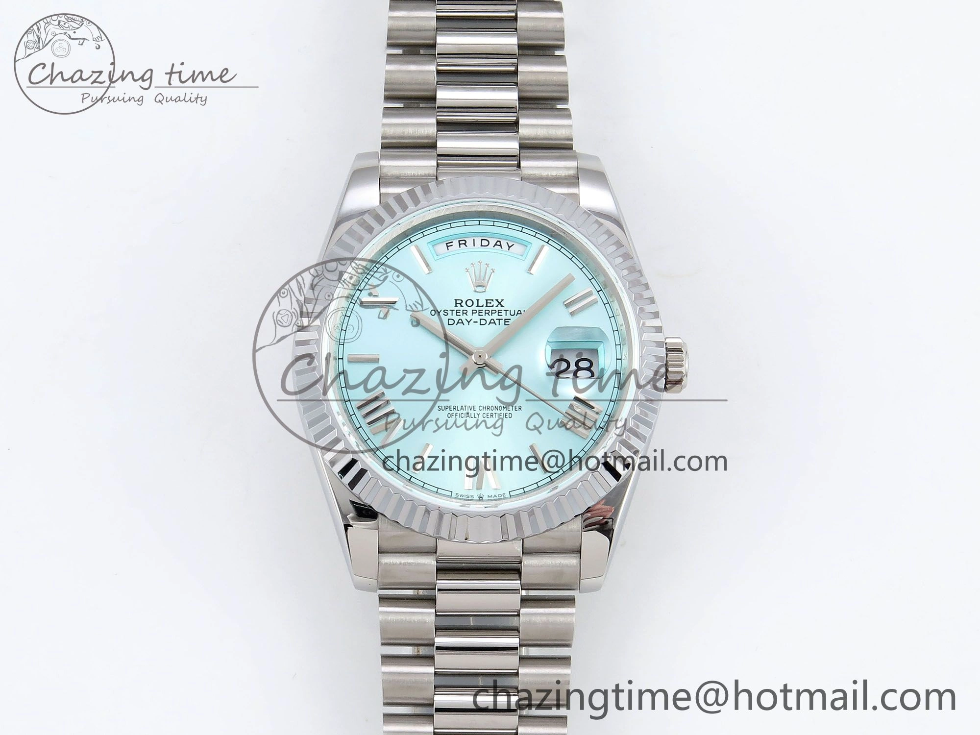 Flexible DayDate 40 SS JDF 904L Steel Ice Blue Roman Dial on President Bracelet VR3255 V3 (Gain Weight) 1448