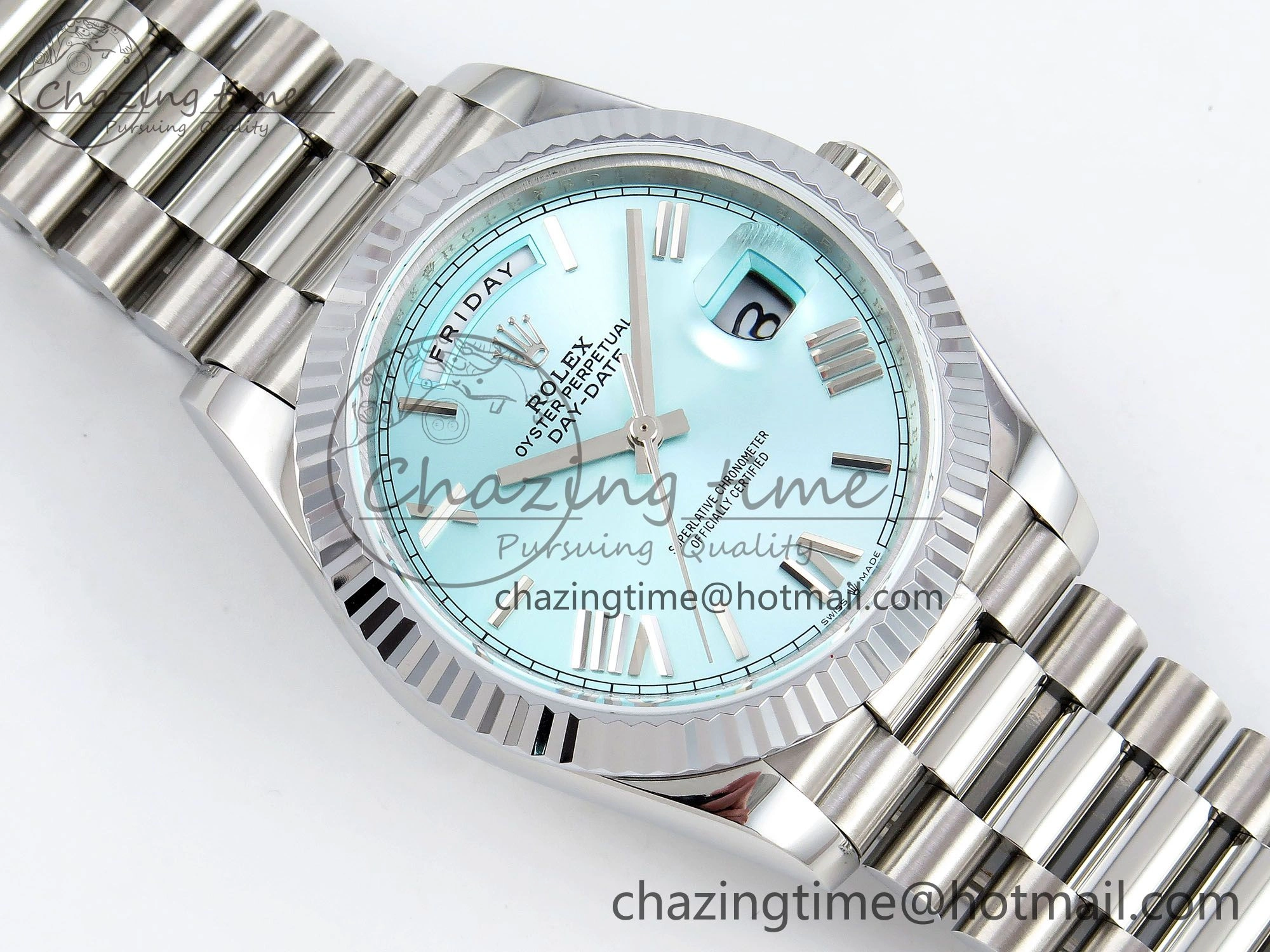 Flexible DayDate 40 SS JDF 904L Steel Ice Blue Roman Dial on President Bracelet VR3255 V3 (Gain Weight) 1448