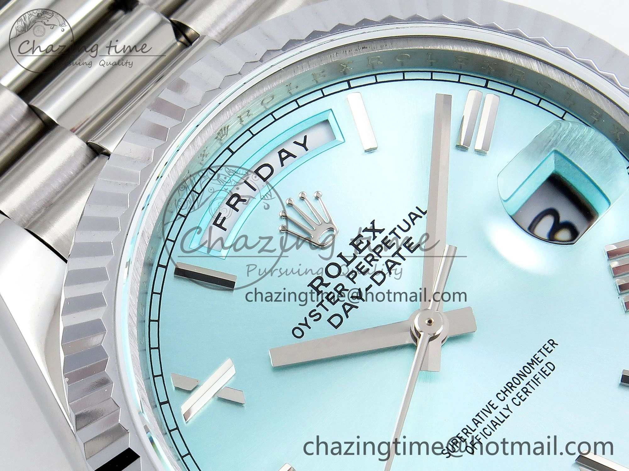 Flexible DayDate 40 SS JDF 904L Steel Ice Blue Roman Dial on President Bracelet VR3255 V3 (Gain Weight) 1448