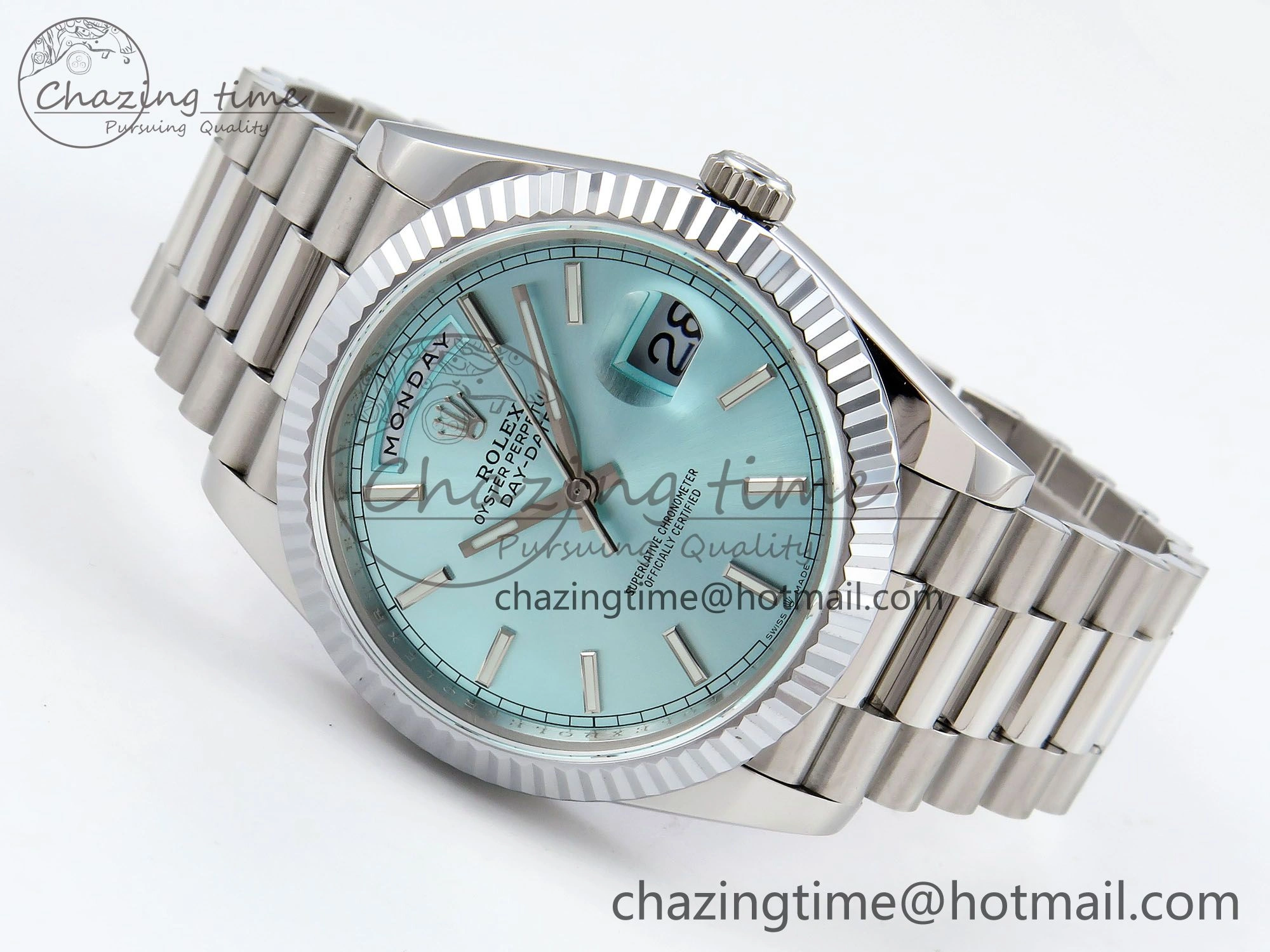 DayDate 40 SS JDF 904L Steel Ice Blue Stick Dial on President Bracelet VR3255 V3 (Gain Weight) OnTrend 1449