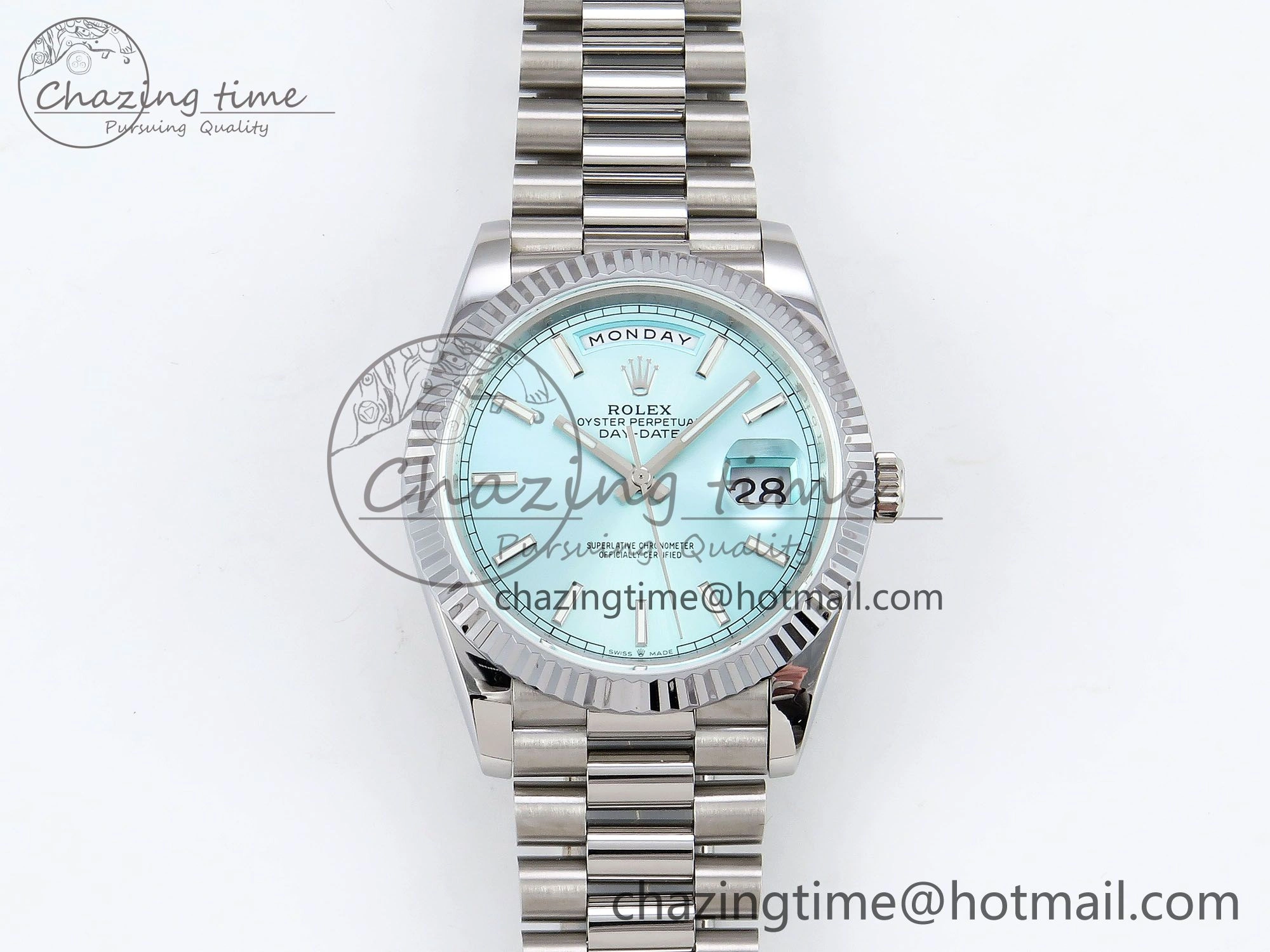 DayDate 40 SS JDF 904L Steel Ice Blue Stick Dial on President Bracelet VR3255 V3 (Gain Weight) OnTrend 1449