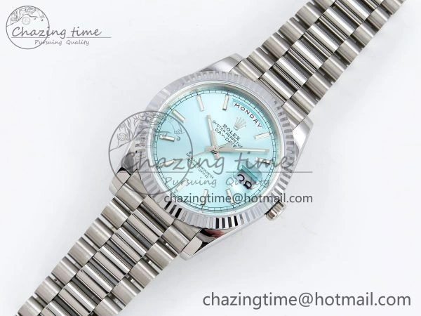 DayDate 40 SS JDF 904L Steel Ice Blue Stick Dial on President Bracelet VR3255 V3 (Gain Weight) OnTrend 1449