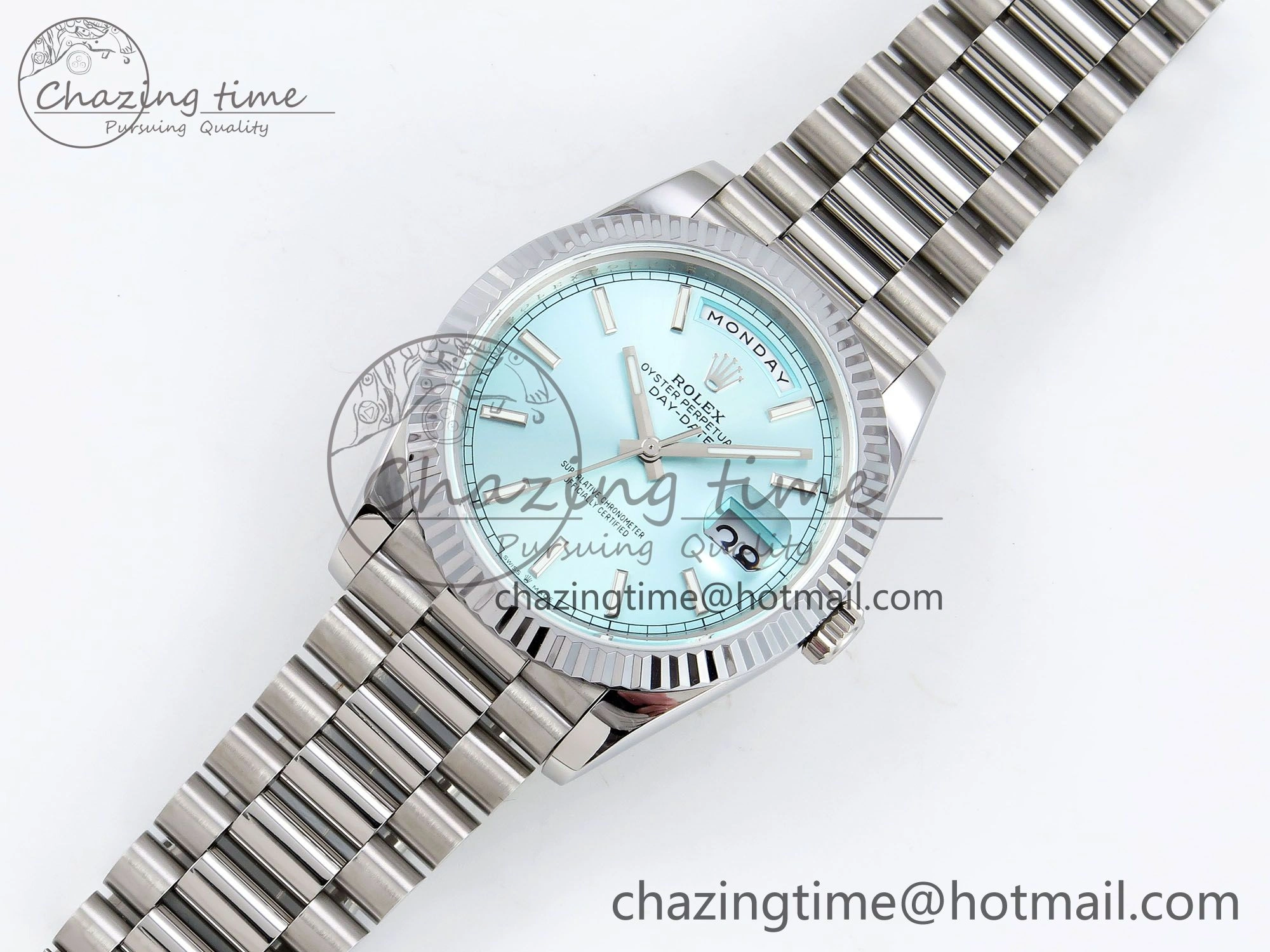 DayDate 40 SS JDF 904L Steel Ice Blue Stick Dial on President Bracelet VR3255 V3 (Gain Weight) OnTrend 1449