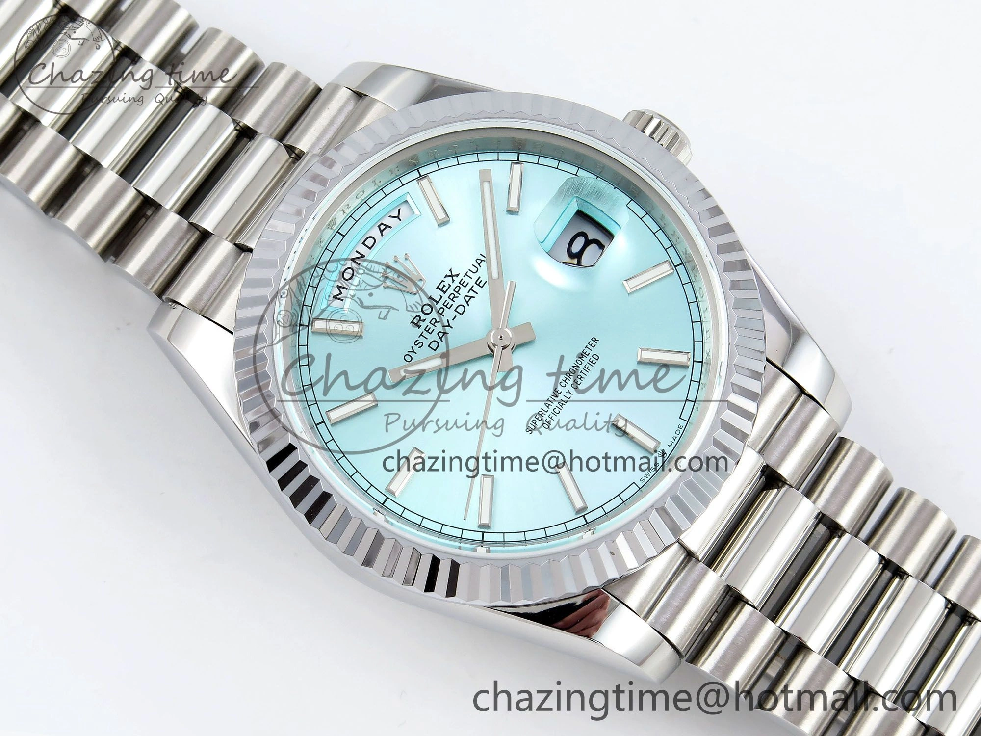 DayDate 40 SS JDF 904L Steel Ice Blue Stick Dial on President Bracelet VR3255 V3 (Gain Weight) OnTrend 1449