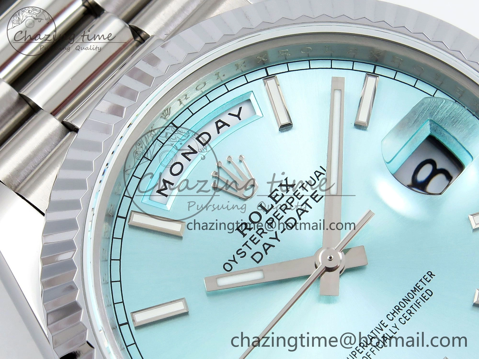DayDate 40 SS JDF 904L Steel Ice Blue Stick Dial on President Bracelet VR3255 V3 (Gain Weight) OnTrend 1449