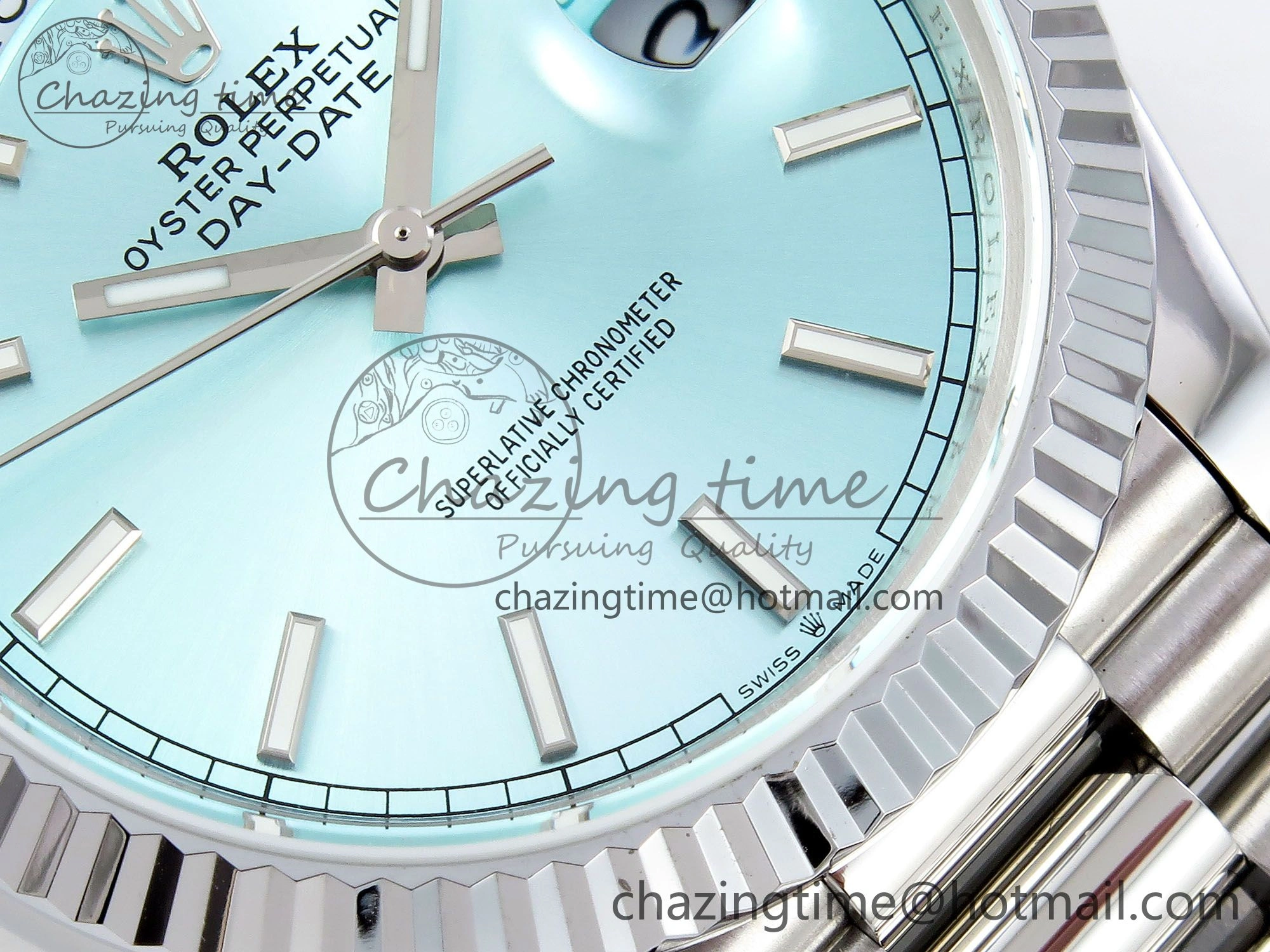 DayDate 40 SS JDF 904L Steel Ice Blue Stick Dial on President Bracelet VR3255 V3 (Gain Weight) OnTrend 1449