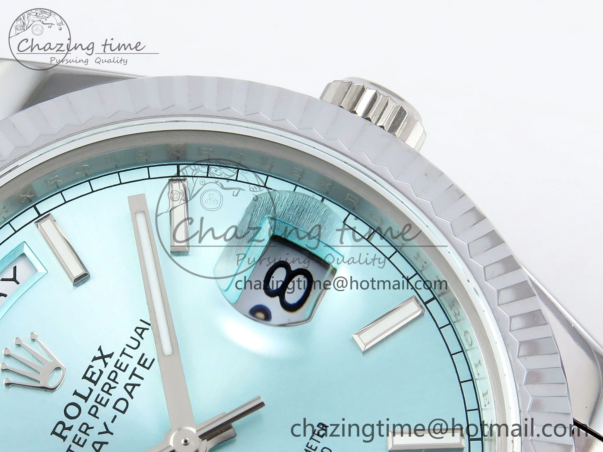 DayDate 40 SS JDF 904L Steel Ice Blue Stick Dial on President Bracelet VR3255 V3 (Gain Weight) OnTrend 1449