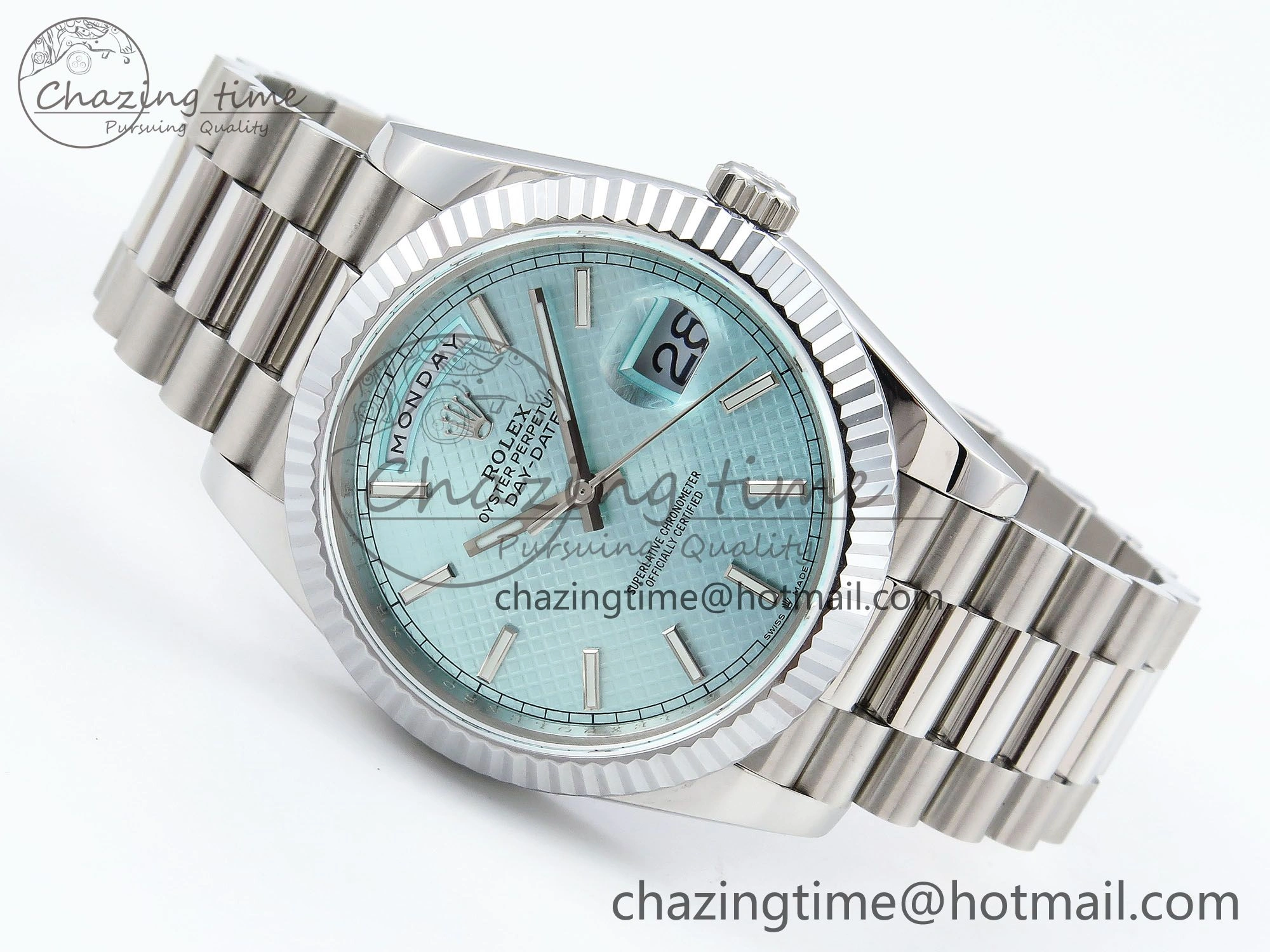 Affordable DayDate 40 SS JDF 904L Steel Ice Blue Textured Dial on President Bracelet VR3255 V3 (Gain Weight) 1453