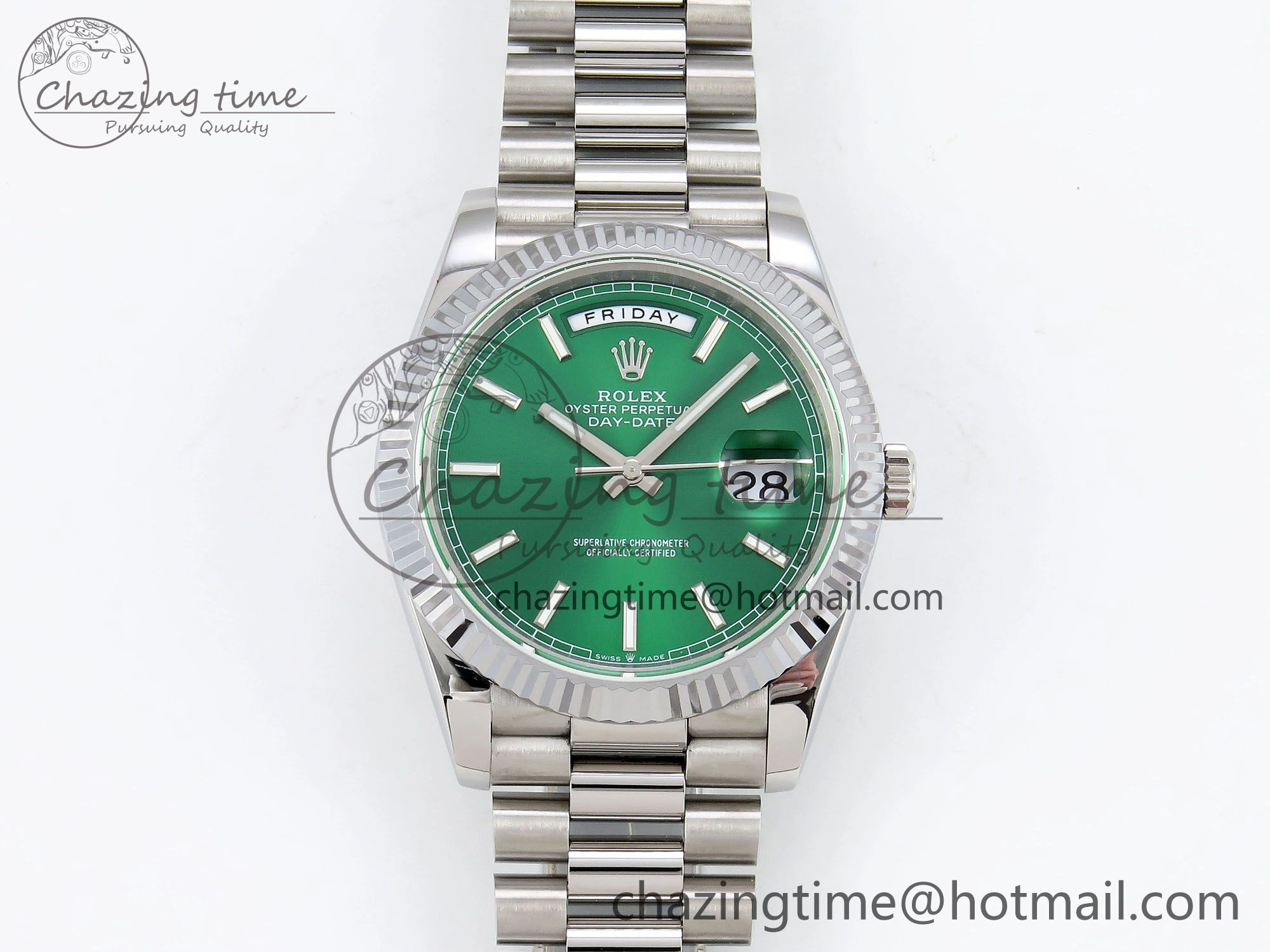 DayDate 40 SS JDF 904L Steel Light Green Stick Dial on President Bracelet VR3255 V3 (Gain Weight) Stretchable 1447