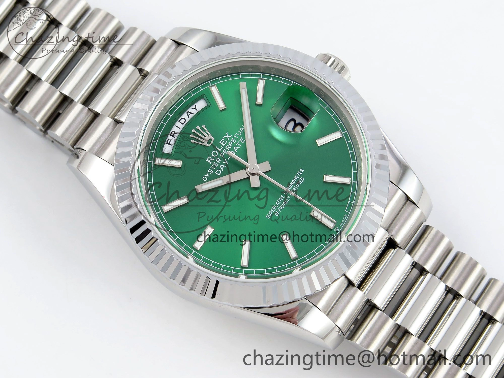 DayDate 40 SS JDF 904L Steel Light Green Stick Dial on President Bracelet VR3255 V3 (Gain Weight) Stretchable 1447