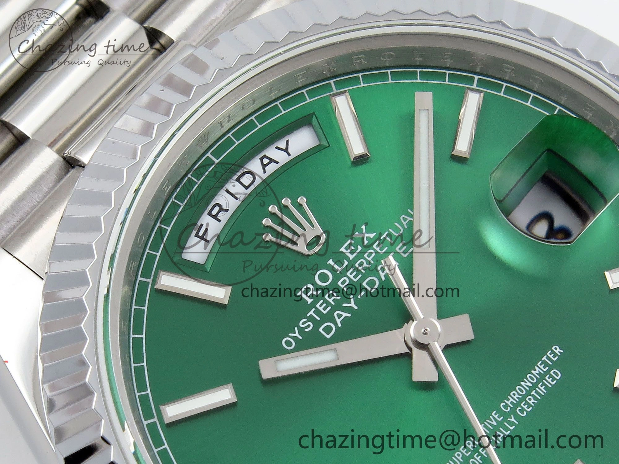 DayDate 40 SS JDF 904L Steel Light Green Stick Dial on President Bracelet VR3255 V3 (Gain Weight) Stretchable 1447