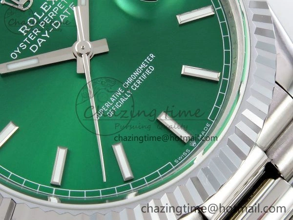 DayDate 40 SS JDF 904L Steel Light Green Stick Dial on President Bracelet VR3255 V3 (Gain Weight) Stretchable 1447