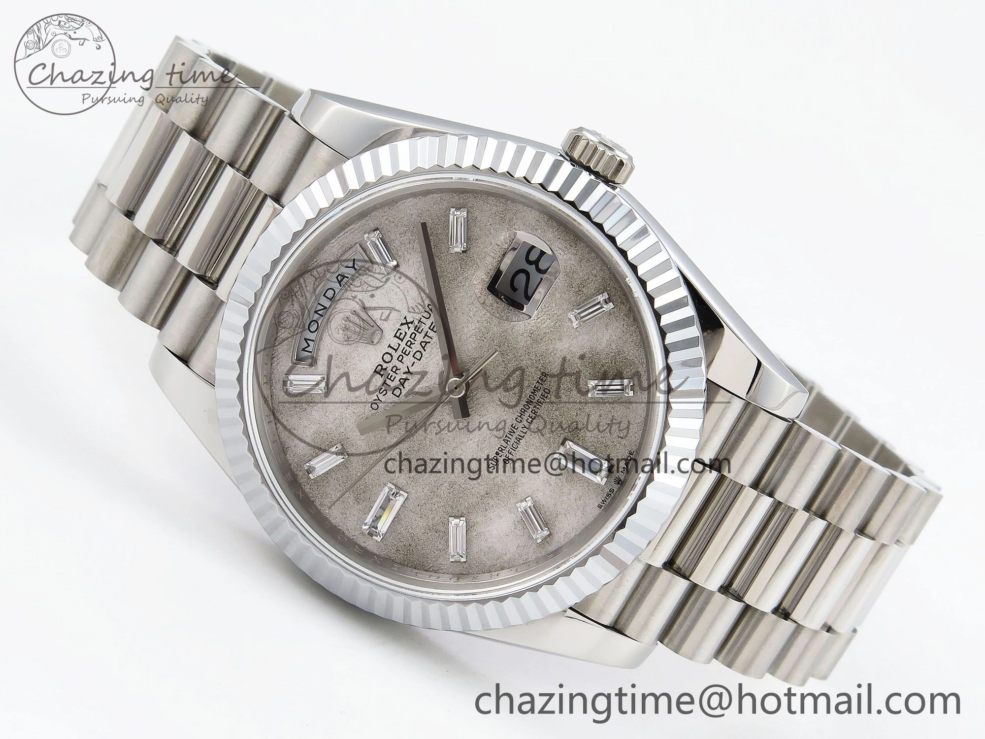 BestValue DayDate 40 SS JDF 904L Steel Moon Crystal Dial on President Bracelet VR3255 V3 (Gain Weight) 1427